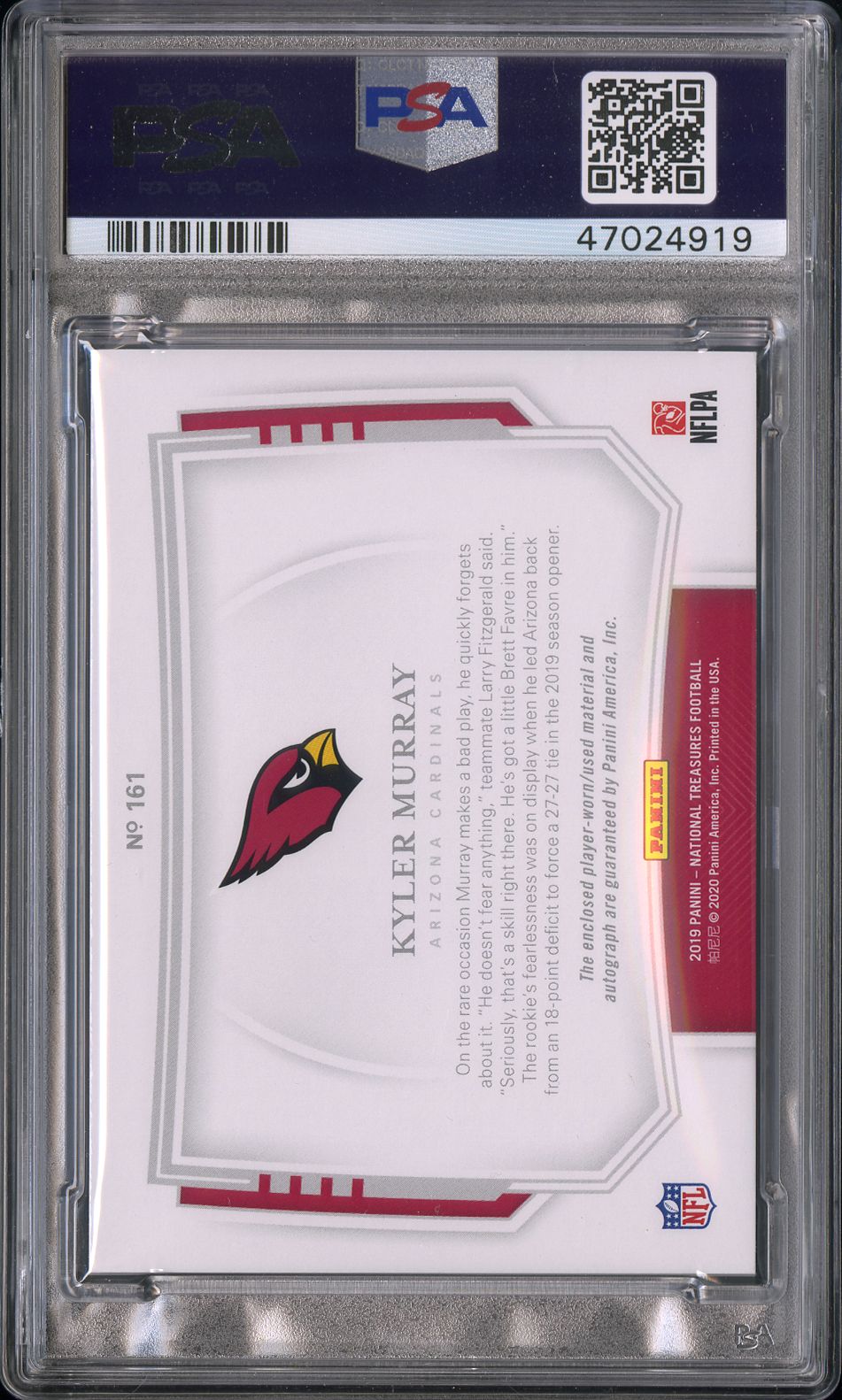 2019 Panini National Treasures Kyler Murray #161 Patch Autograph PSA 9