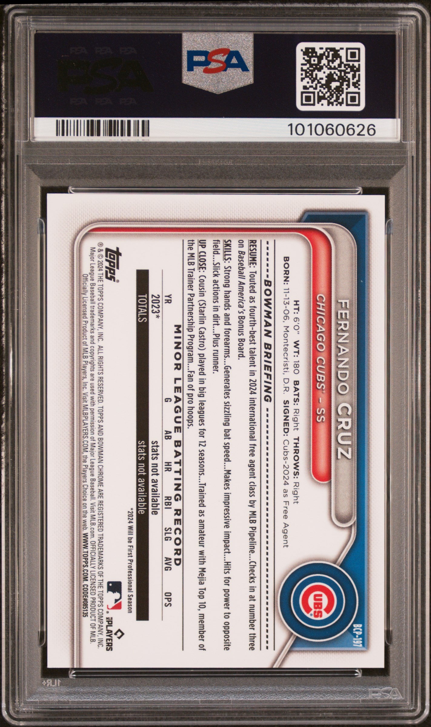 2024 Chrome Sapphire Edition Fernando Cruz #197 Prospects Image Var Red PSA 10