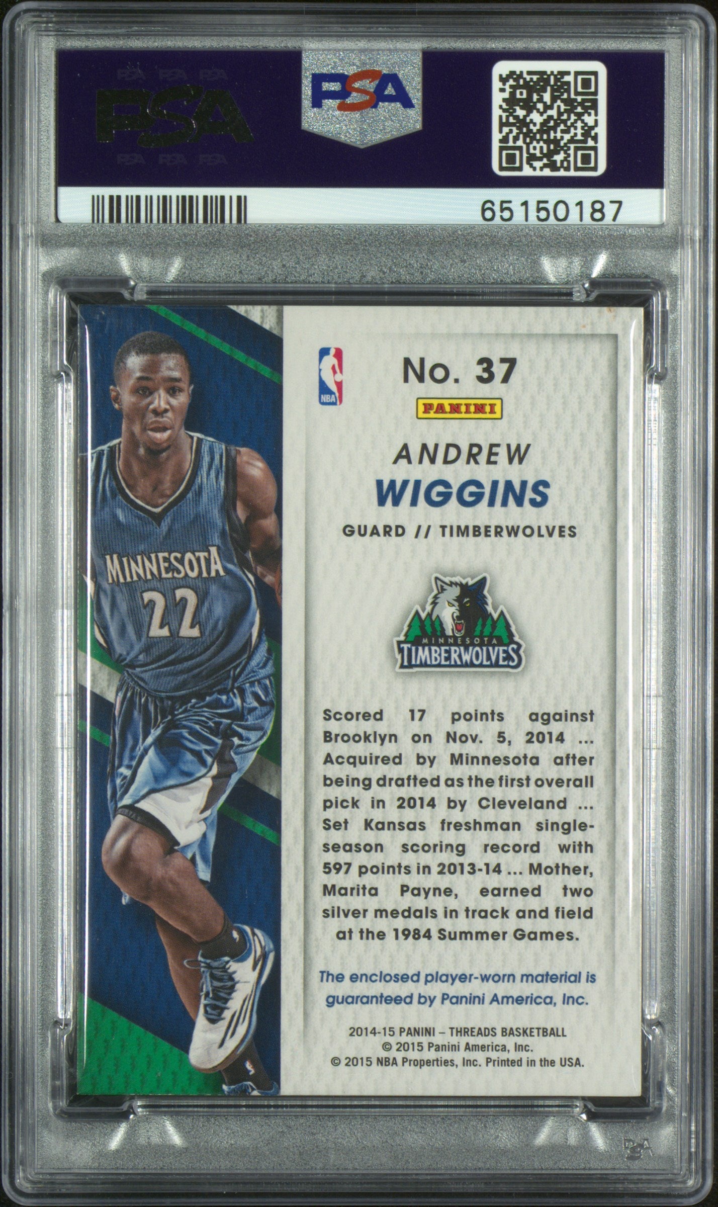 2014 Panini Threads Andrew Wiggins #37 Rookie Threads Jersey Black Box 1/1 PSA 8