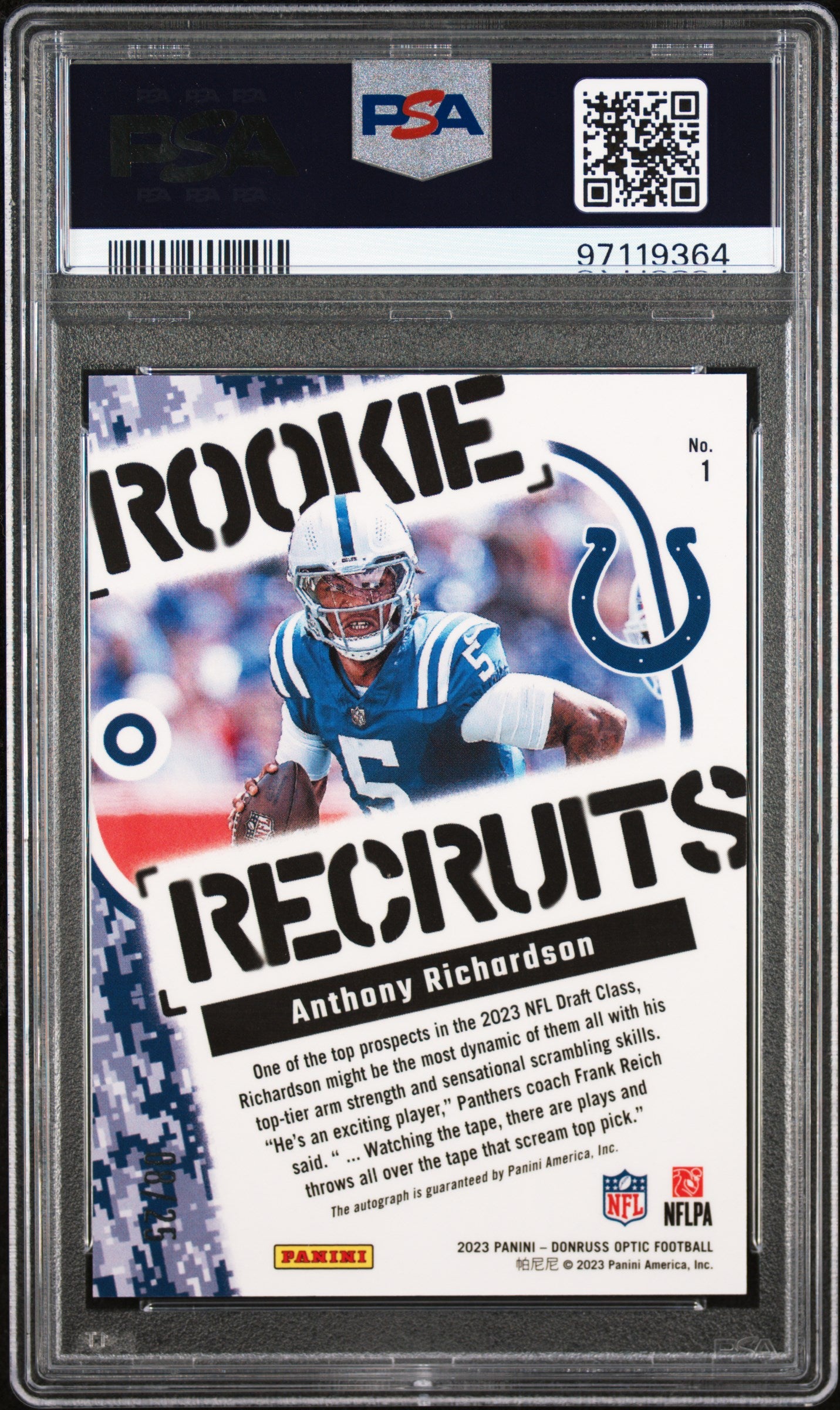 2023 Panini Donruss Optic Rookie Recruits Anthony Richardson #1 RK Auto PRP Stars PSA 10