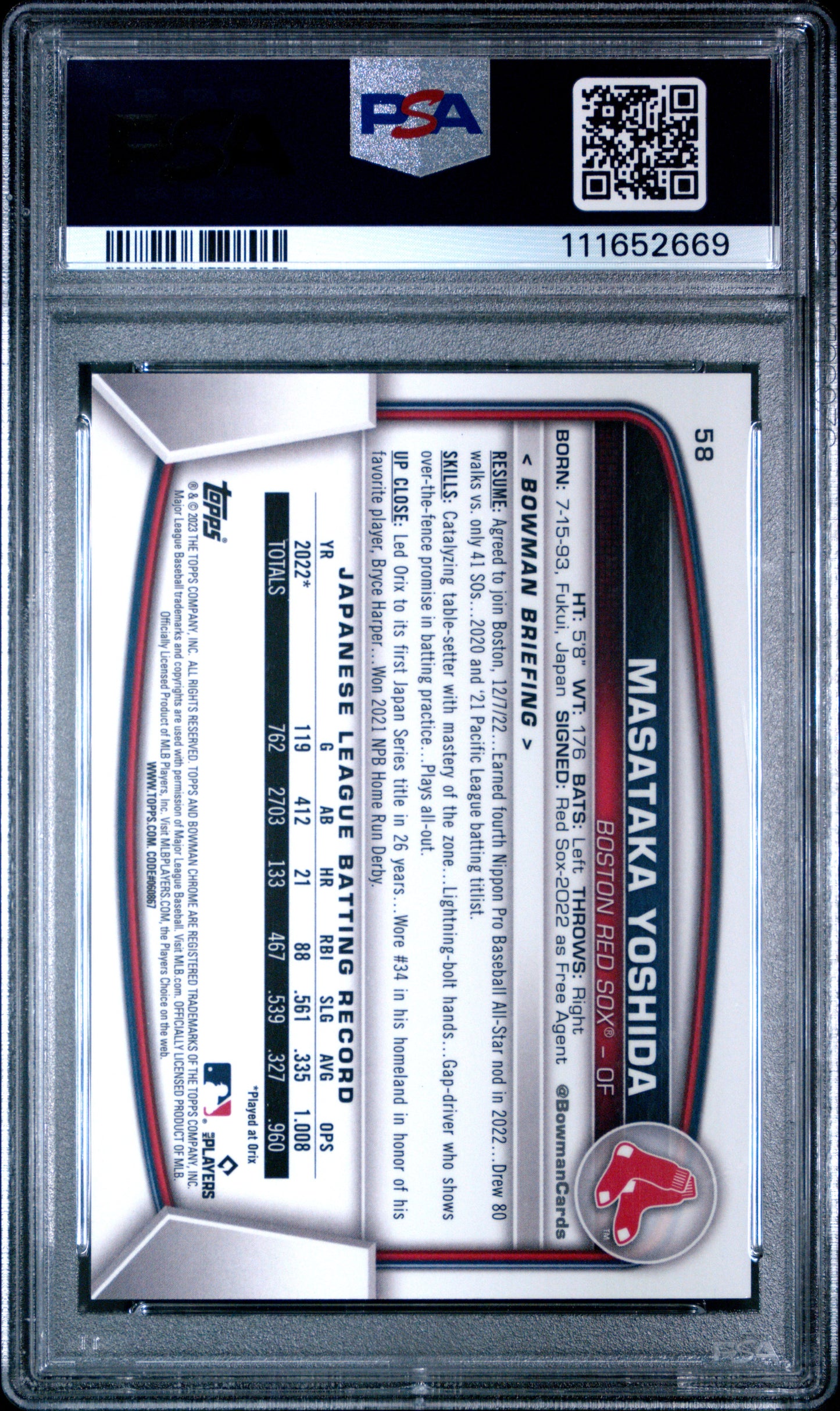 2023 Bowman Mega Box Chrome Masataka Yoshida #58 Gold Refractor PSA 10