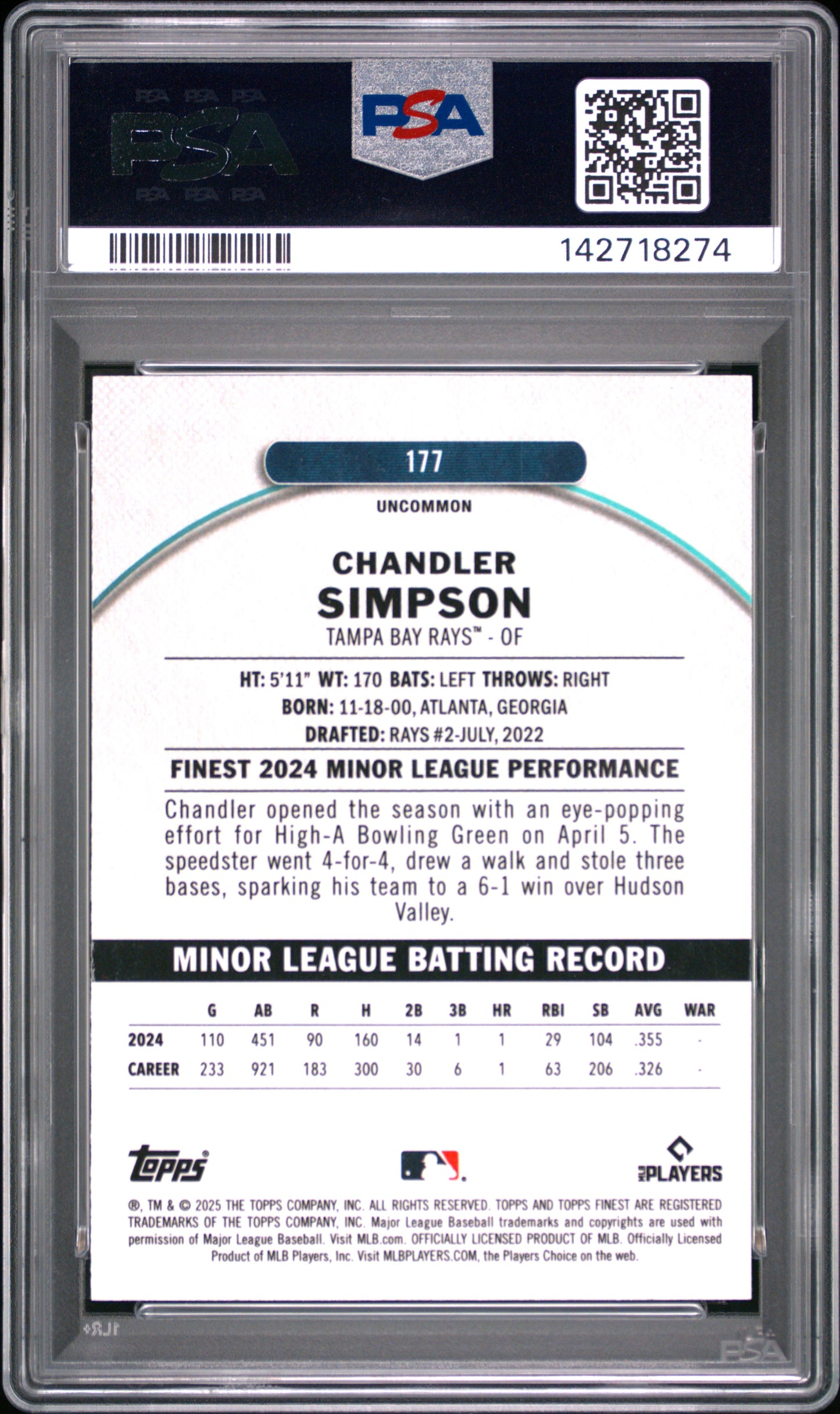 2025 Topps Finest Chandler Simpson #177 Sky Blue Refractor 072/250 PSA 9
