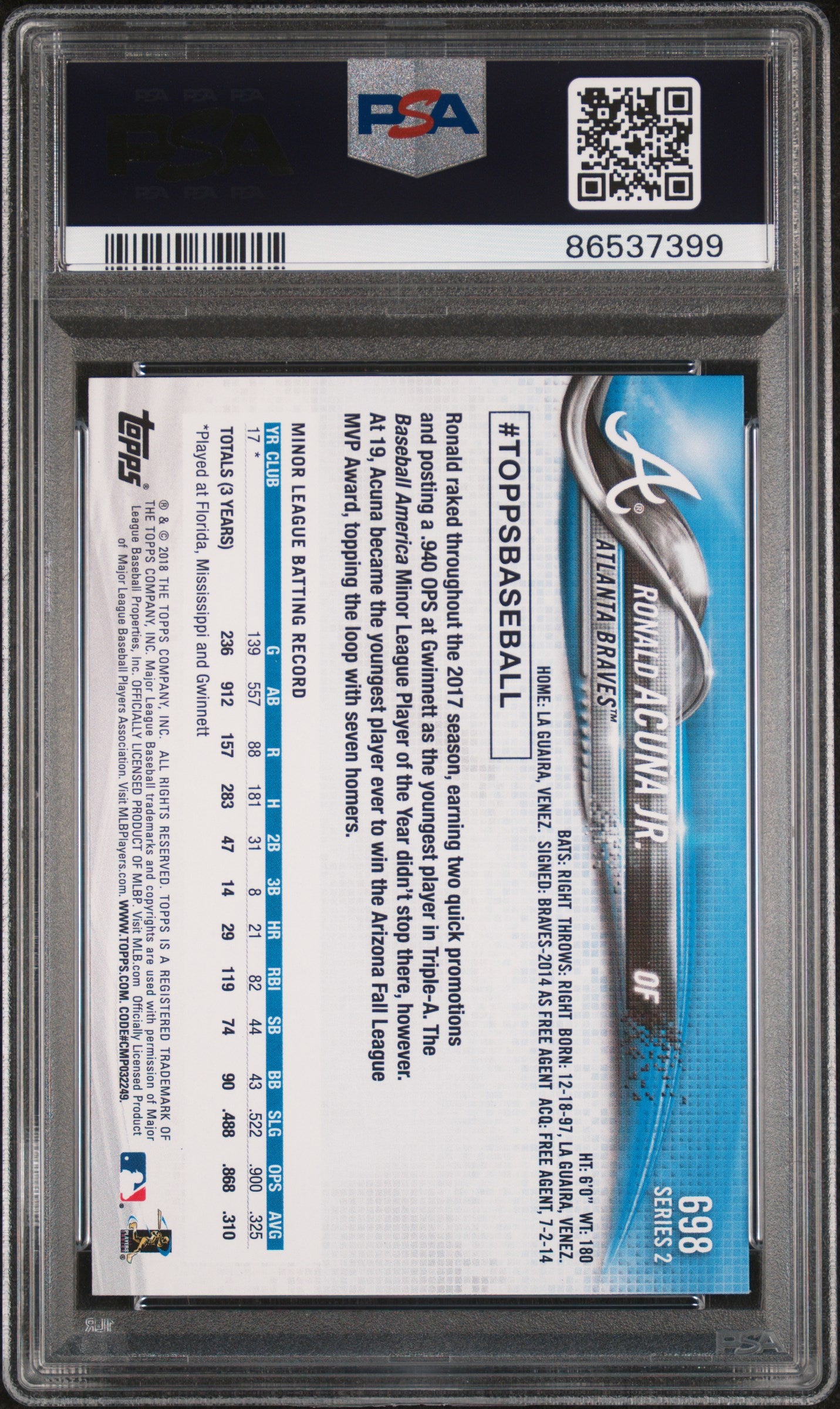 2018 Topps Complete Set Ronald Acuna JR. #698 Bat Point. Up As Game Ed. PSA 10