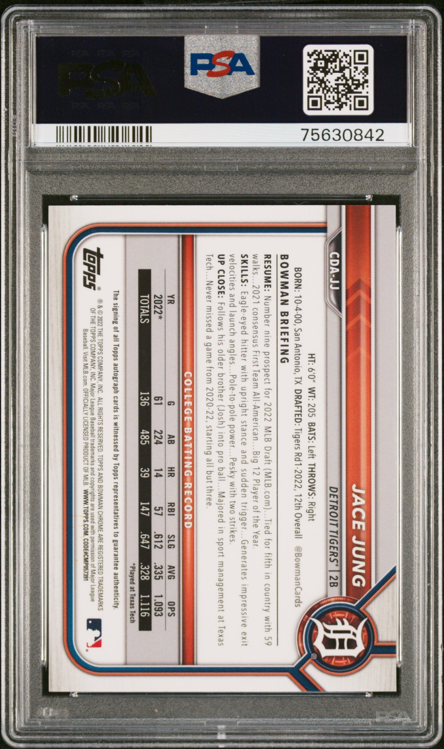 2022 Bowman Draft Chrome Draft Pick Jace Jung #CDAJJ Autographs Sparkle Refractor PSA 10