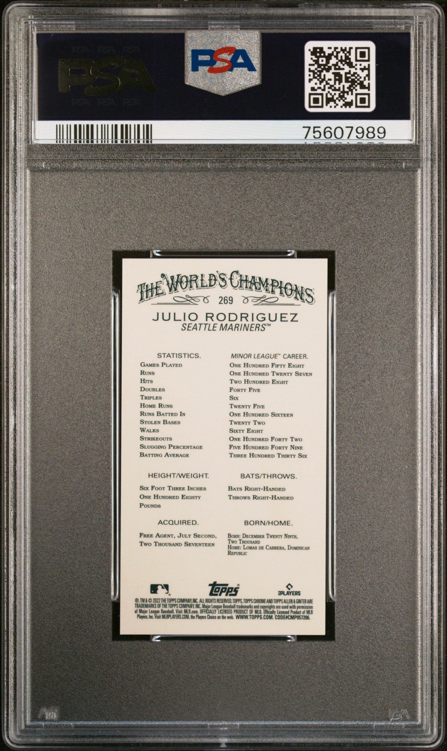 2022 Topps Allen & Ginter Chrome Julio Rodriguez #269 Mini PSA 10