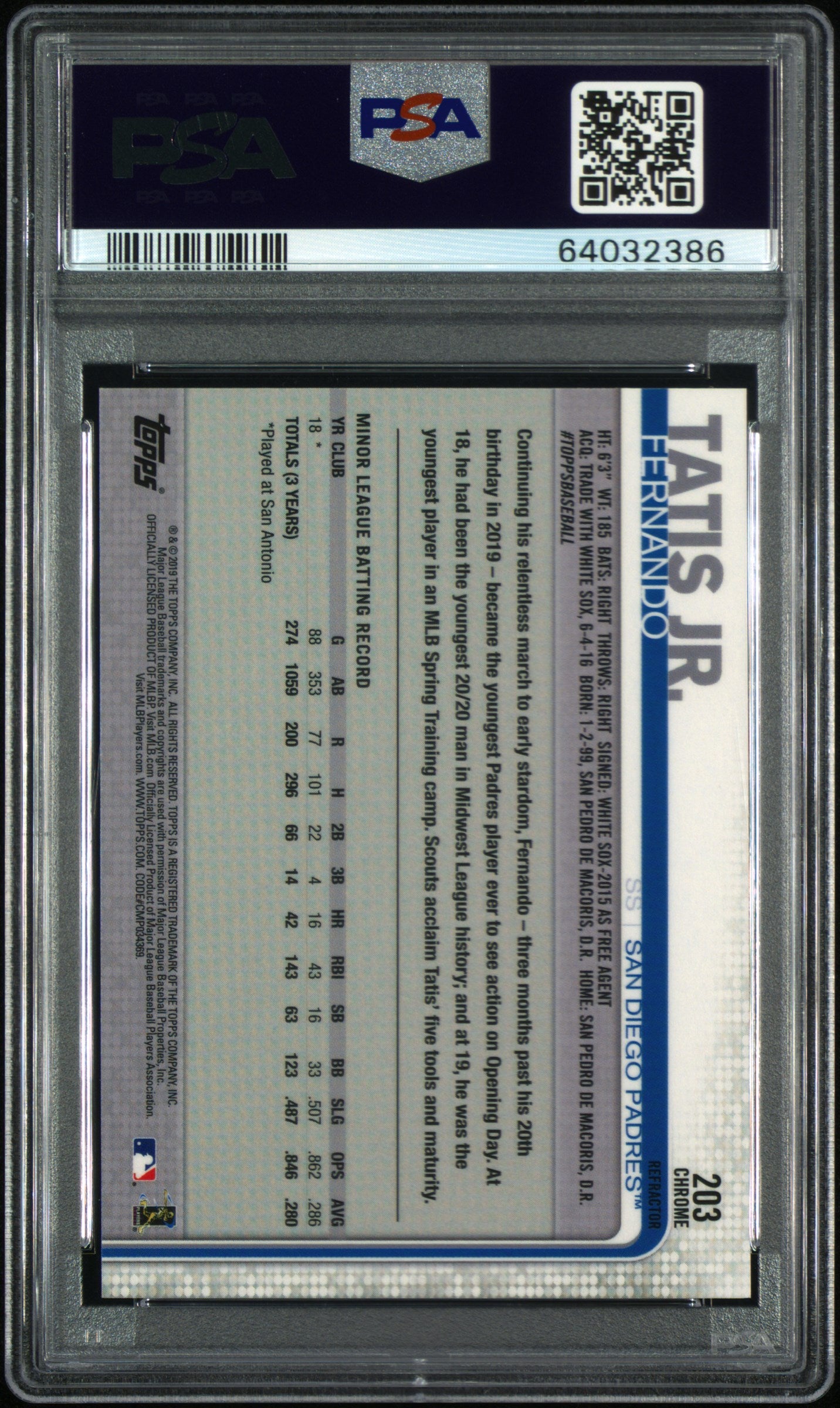 2019 Topps Chrome Fernando Tatis JR. #203 Pink Refractor RC Rookie PSA 10