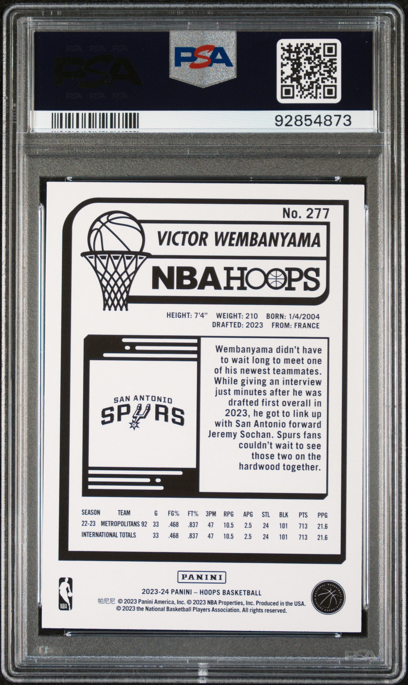 2023 Panini NBA Hoops Victor Wembanyama #277 PSA 10