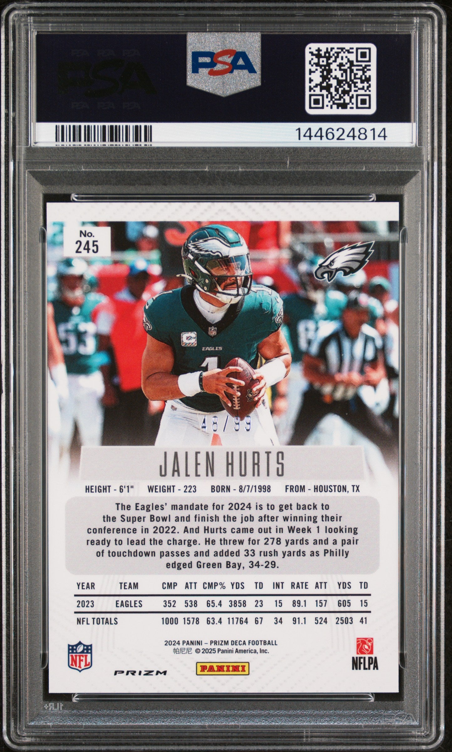 2024 Panini Prizm Deca Jalen Hurts #245 Purple 48/99 PSA 8