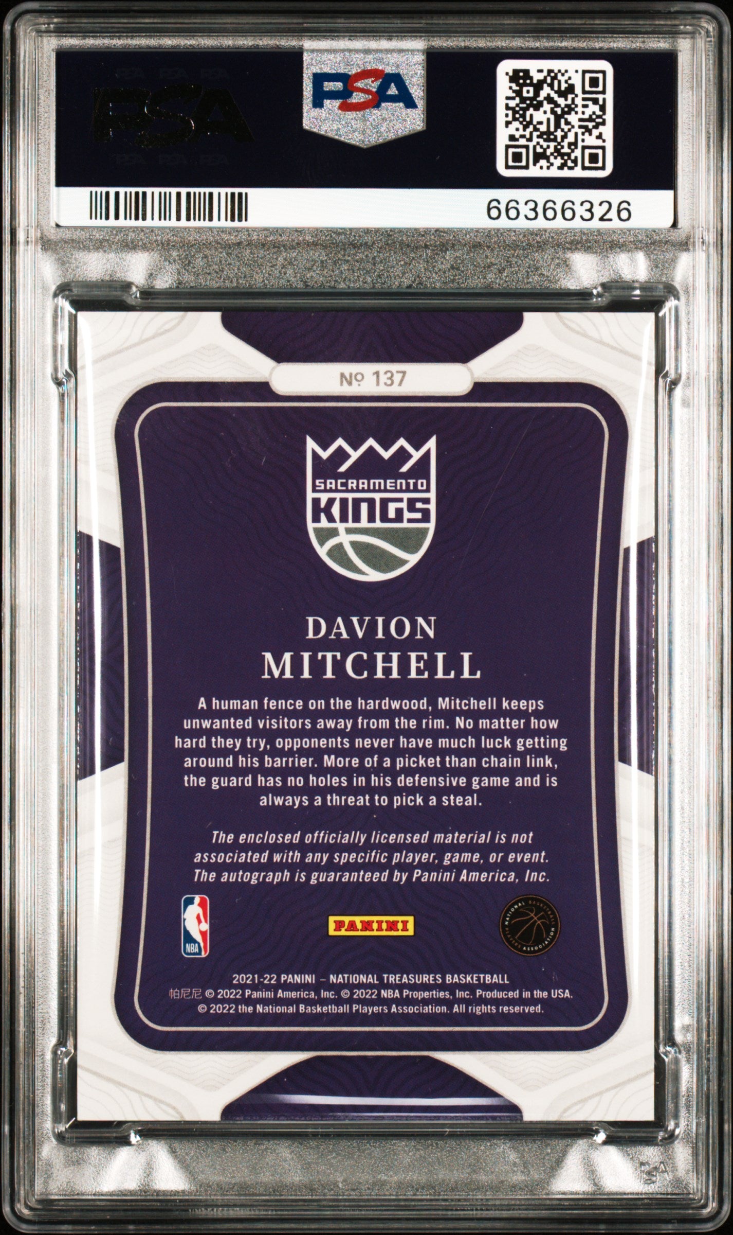 2021 National Treasures Davion Mitchell #137 Patch Autograph /99 PSA 9 Auto 10