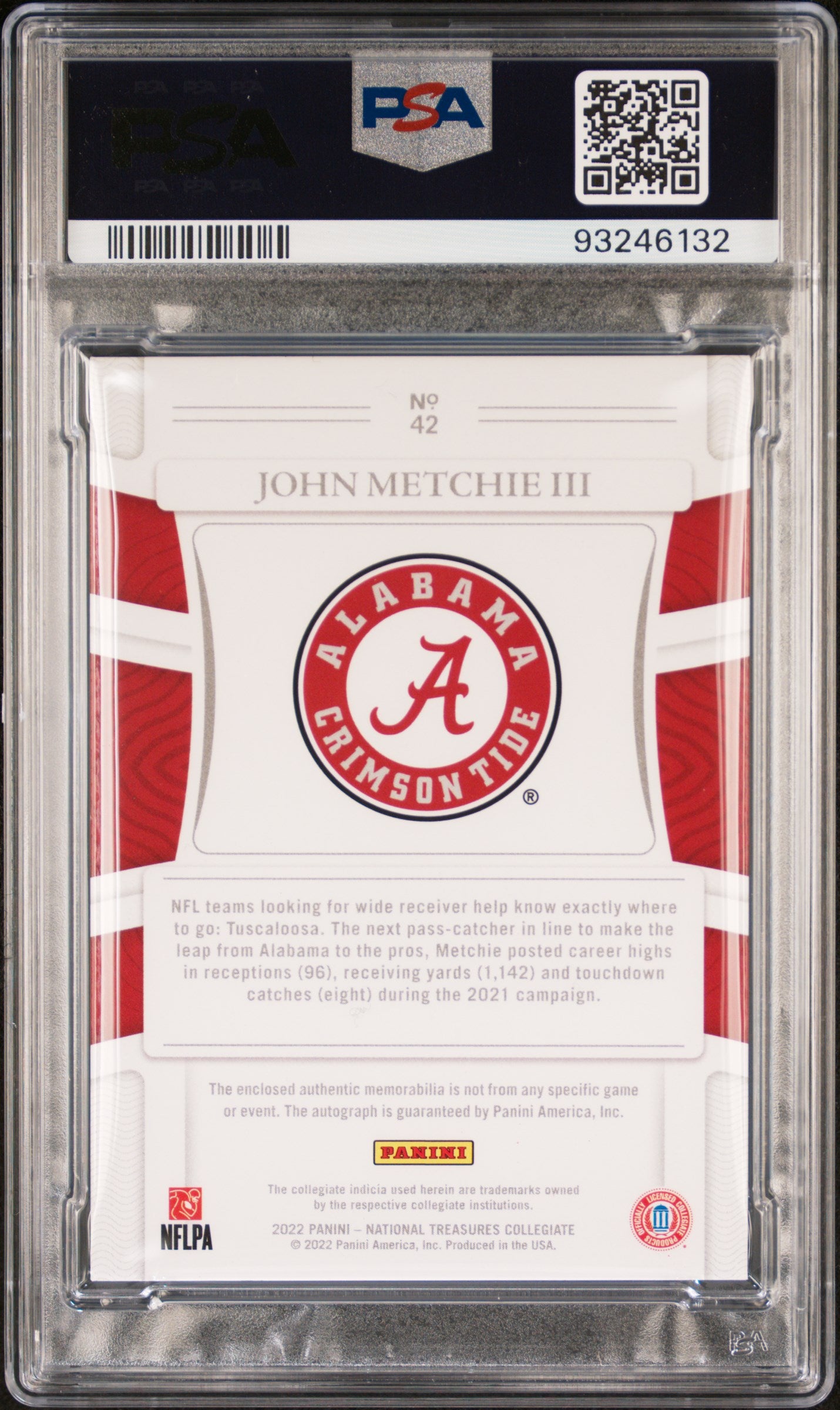 2022 National Treasures Collegiate John Metchie III #42 Patch Auto PSA 8