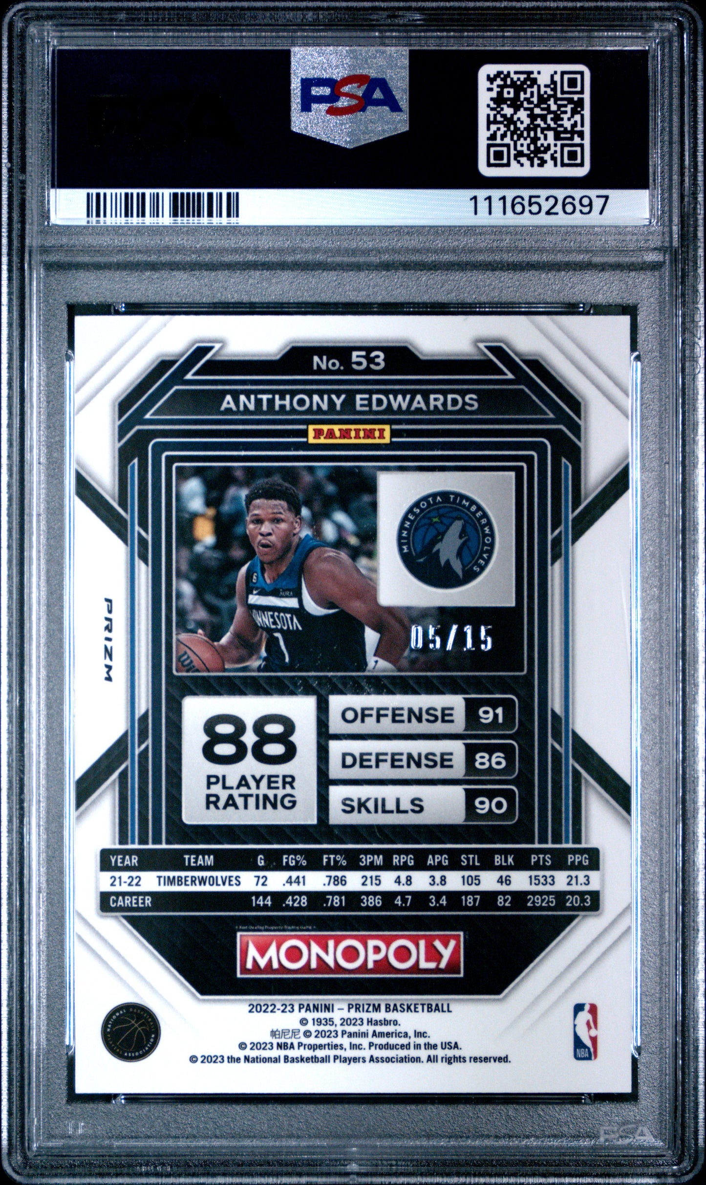 2022 Panini Prizm Monopoly Anthony Edwards #53 Boardwalk Blue PSA 10