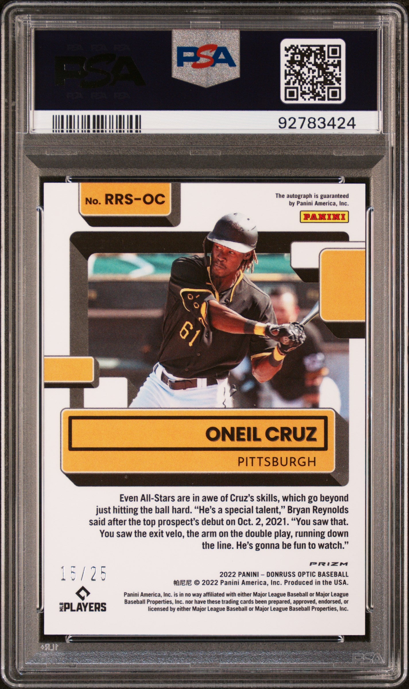 2022 Panini Donruss Optic Oneil Cruz #RRSOC Rated Rookie Signatures Navy Blue Stars PSA 10
