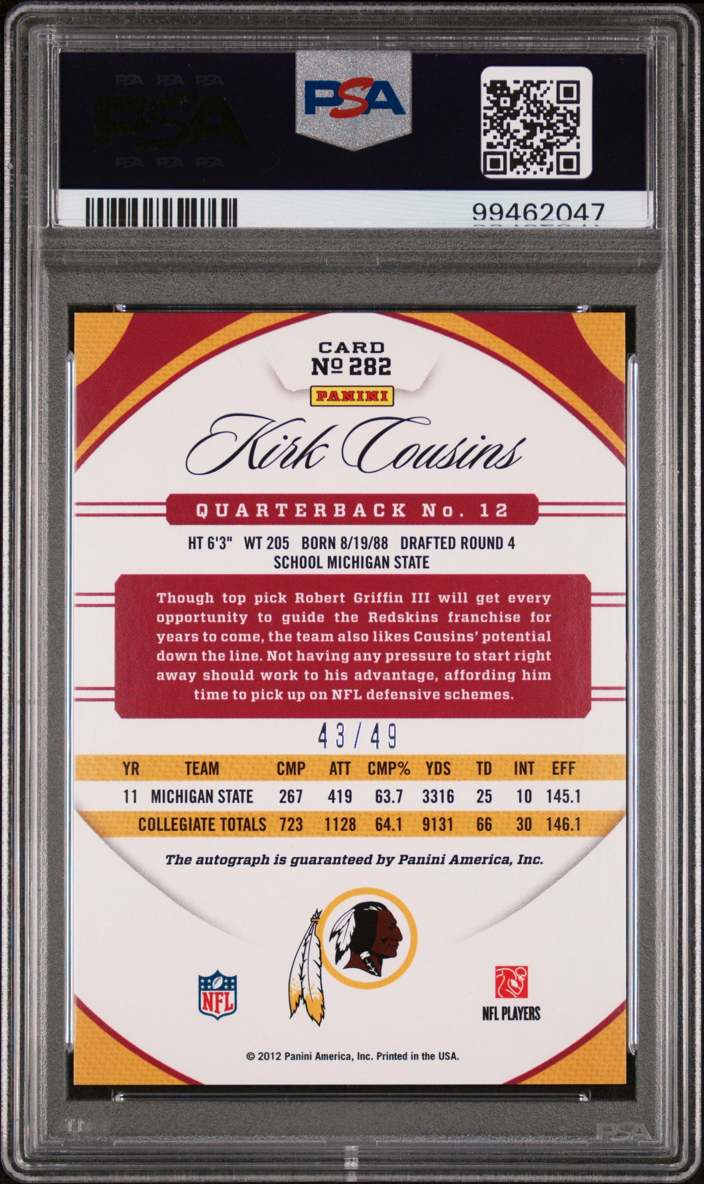 2012 Panini Certified Kirk Cousins #282 Mirror Blue Autograph PSA 9