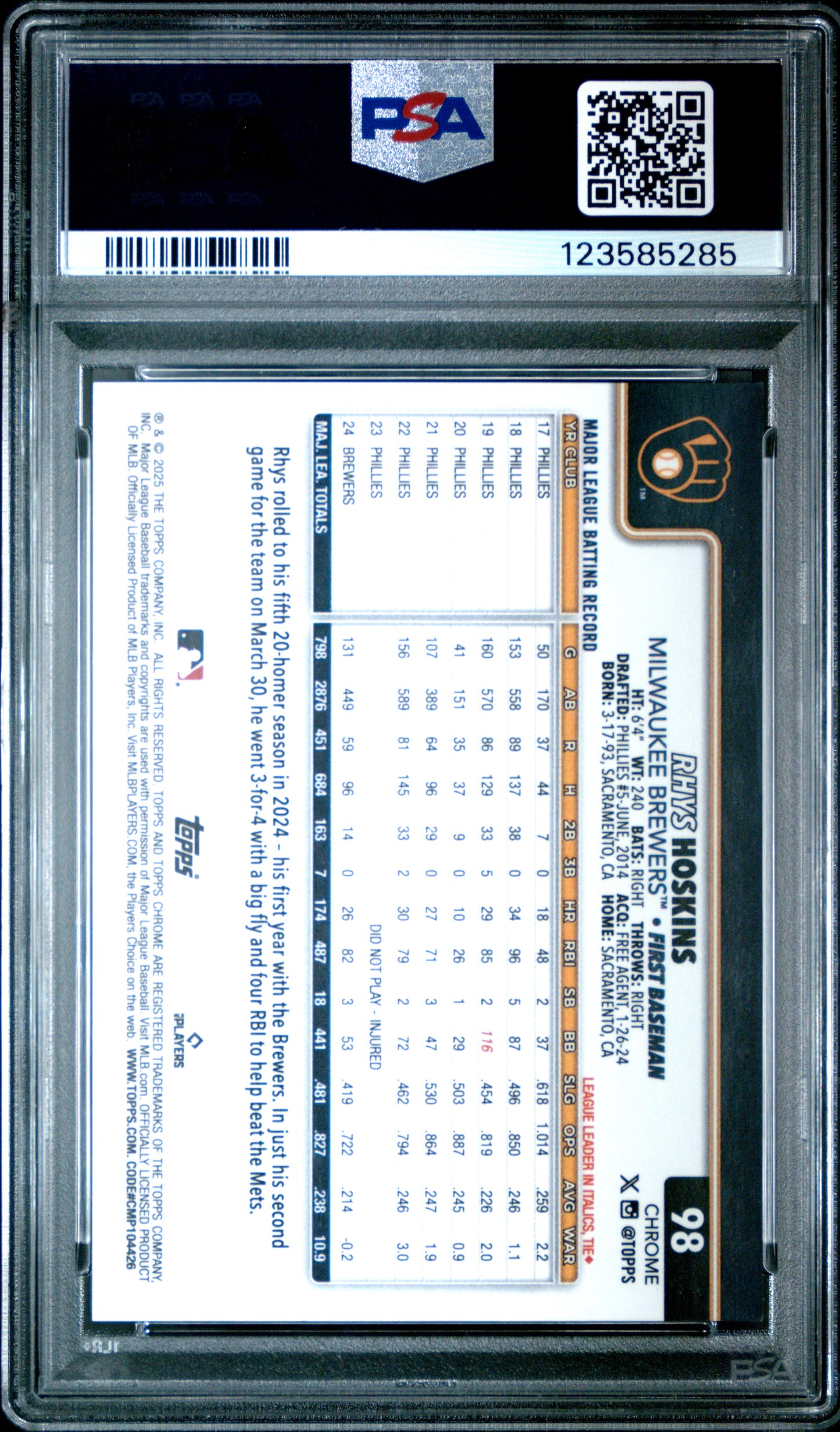 2025 Topps Chrome Rhys Hoskins #98 Black Lava PSA 10