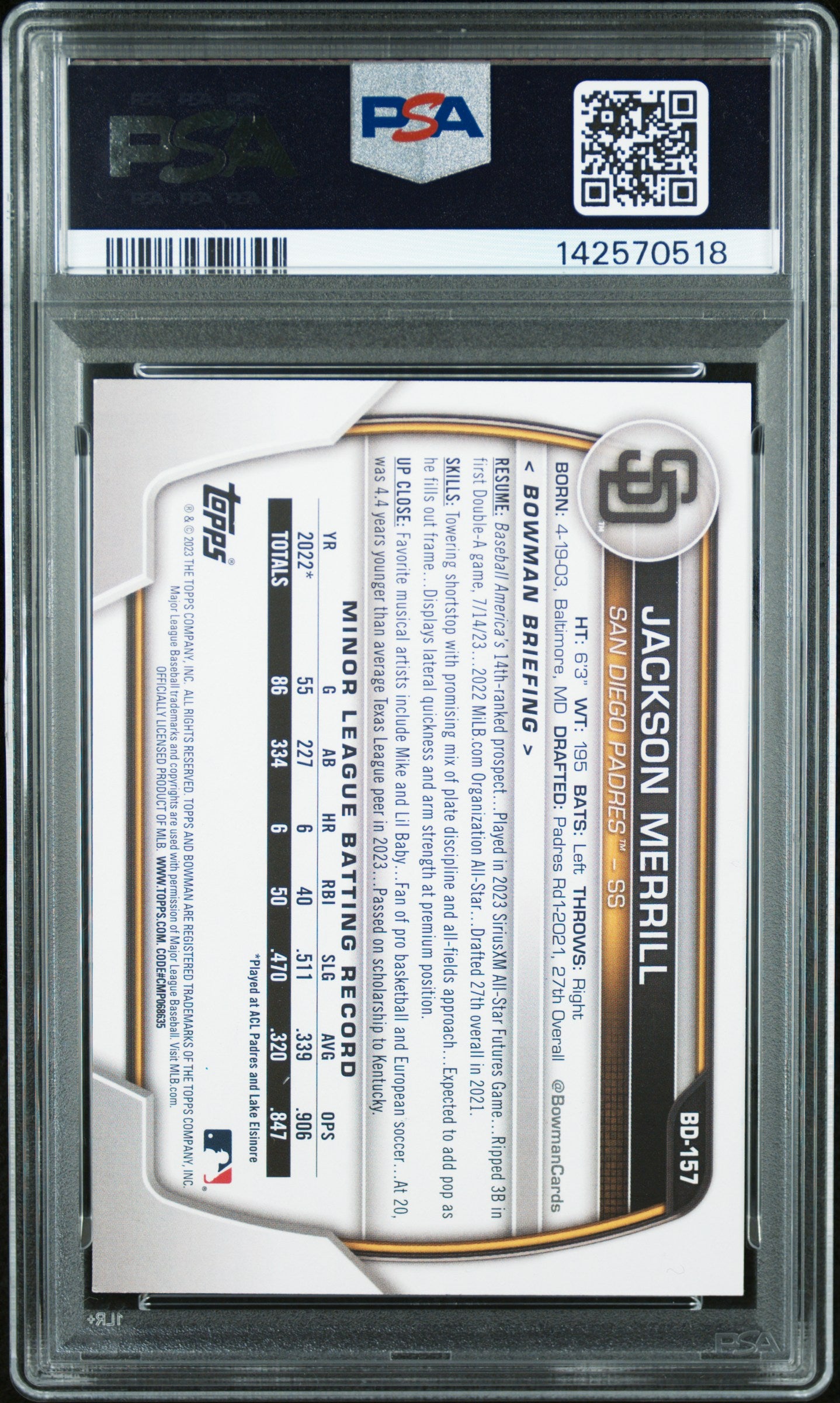 2025 Topps Archives Signature Series Jackson Merrill #BD157 2023 Bowman Draft /20 PSA 8