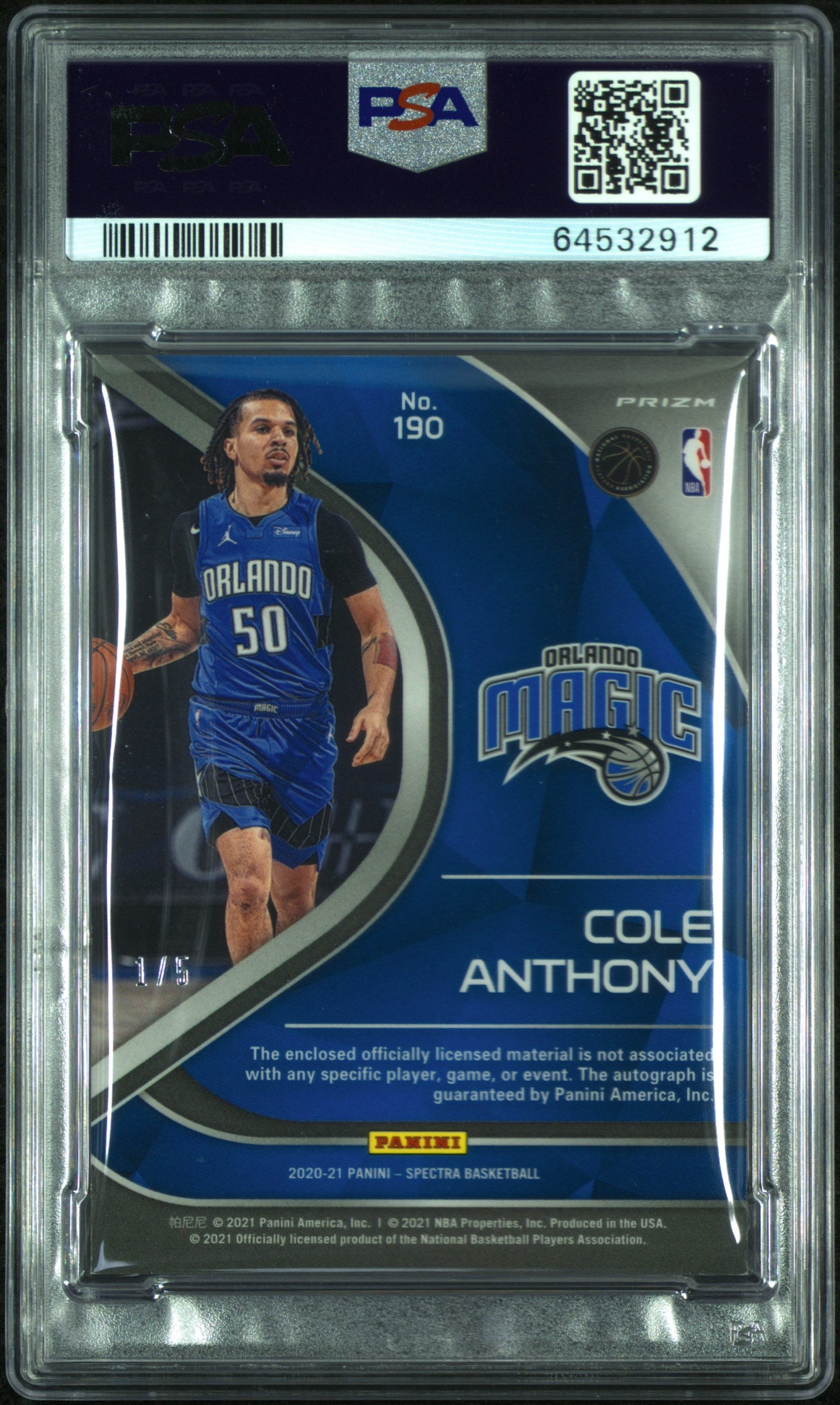 2020 Panini Spectra Cole Anthony #190 Jersey Auto Marble /5 PSA 9 Auto 10