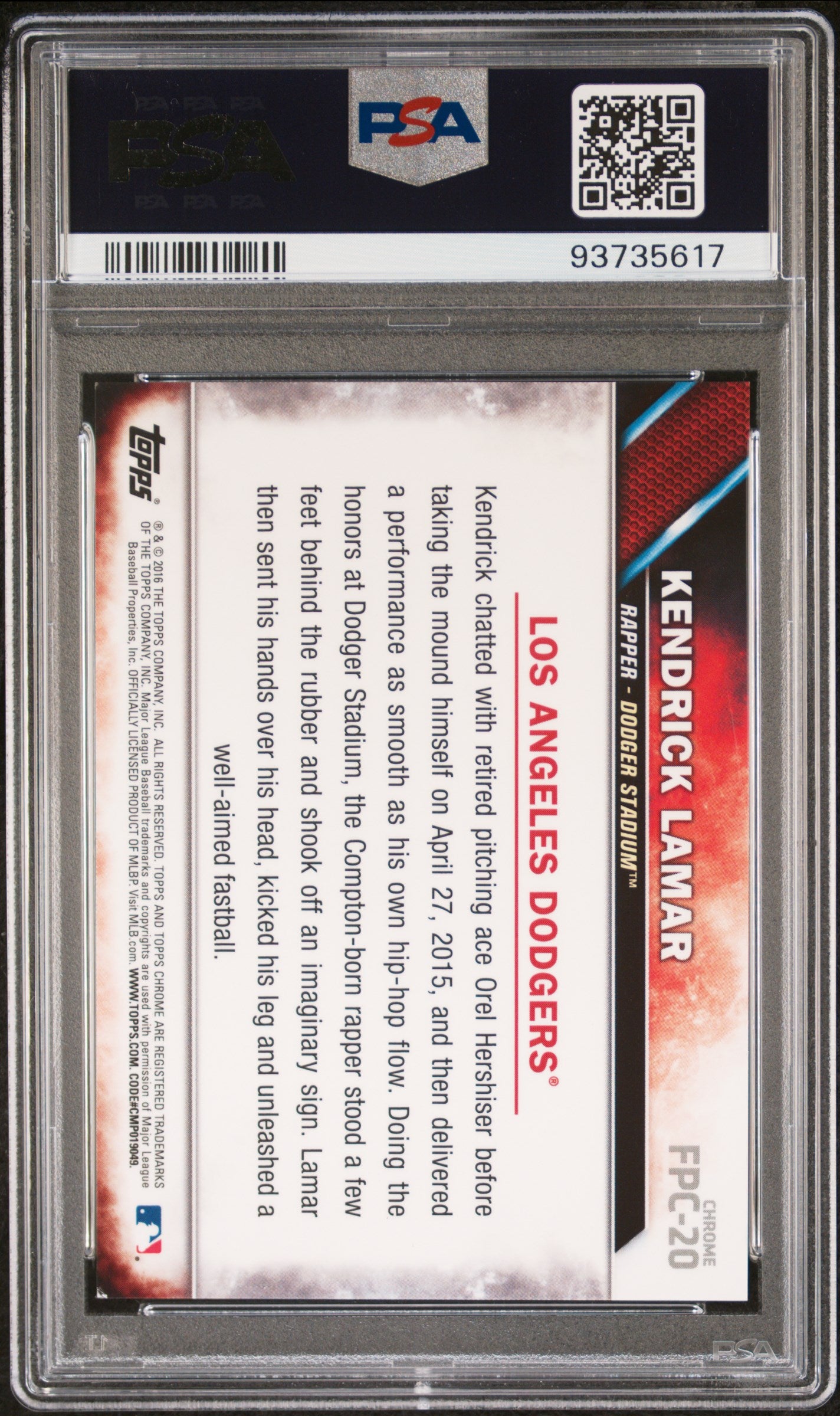 2016 Topps Chrome First Pitch Kendrick Lamar #FPC20 Green Refractor /99 PSA 9
