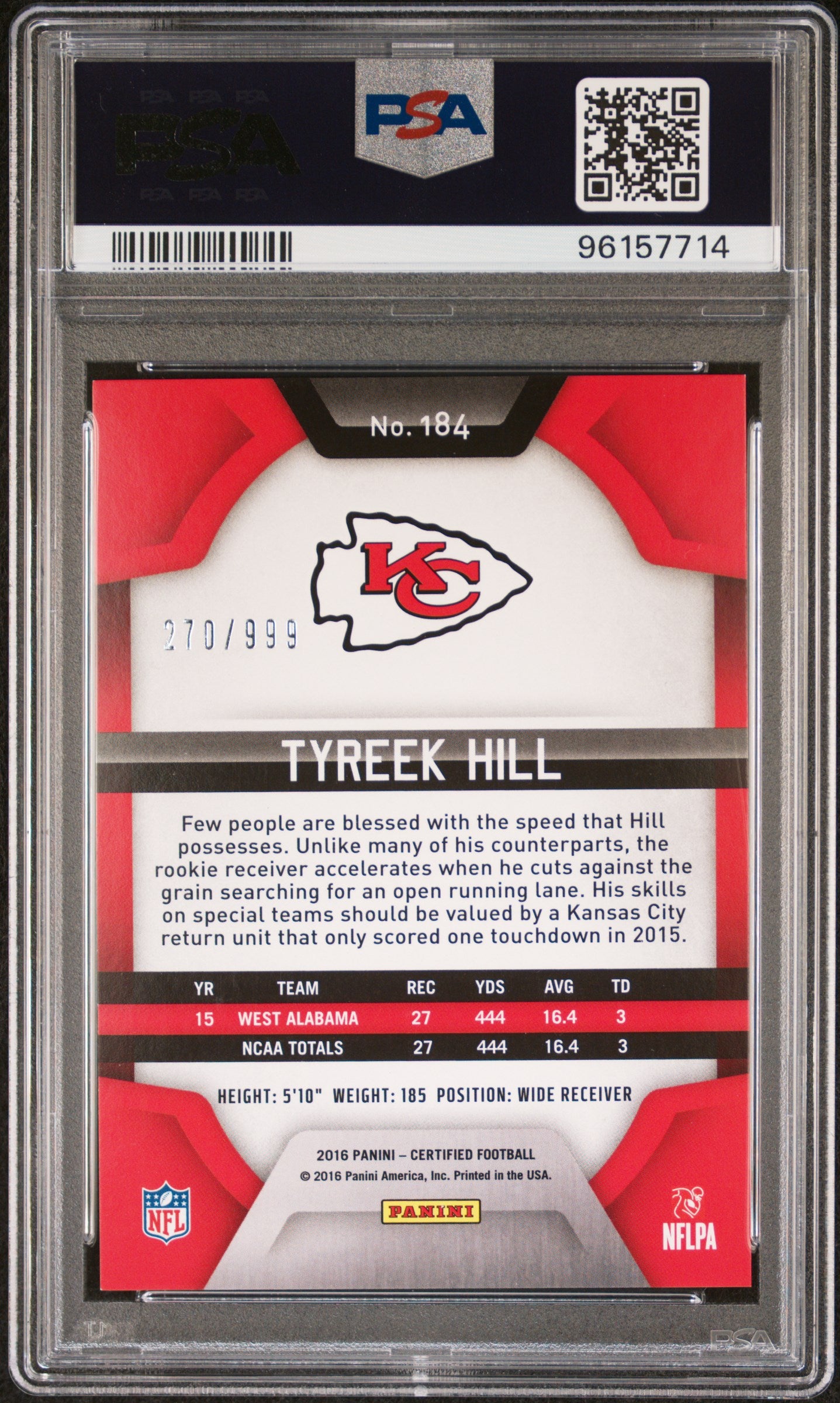 2016 Panini Certified RC /999 Tyreek Hill #184 PSA 10