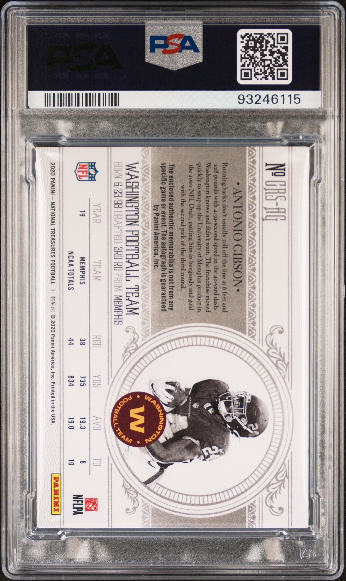 2020 National Treasures Antonio Gibson Rookie Patch Auto NFL Shield PSA 7 RPA