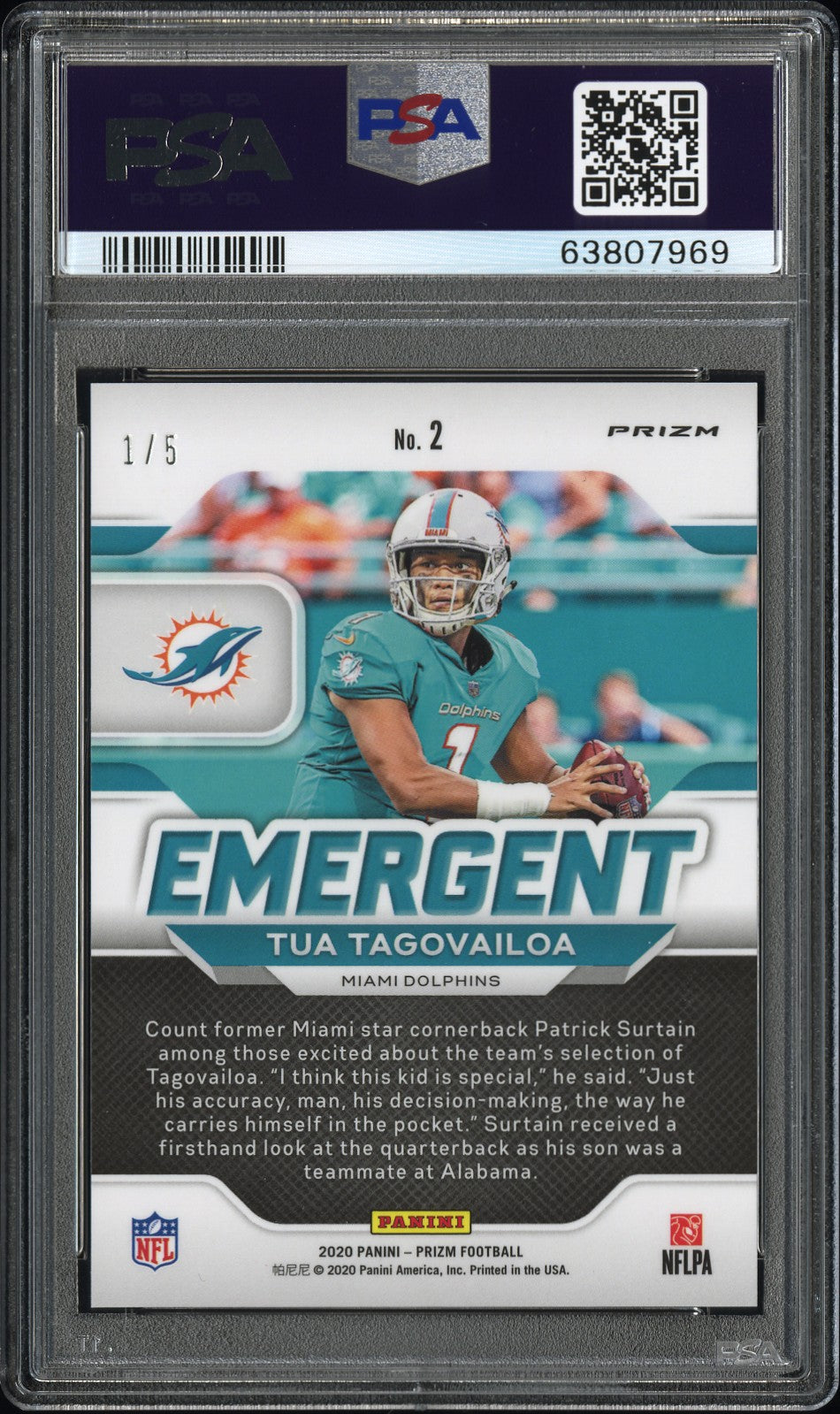 2020 Panini Prizm Emergent Tua Tagovailoa #2 Emergent Gold Vinyl 1/1 PSA 10