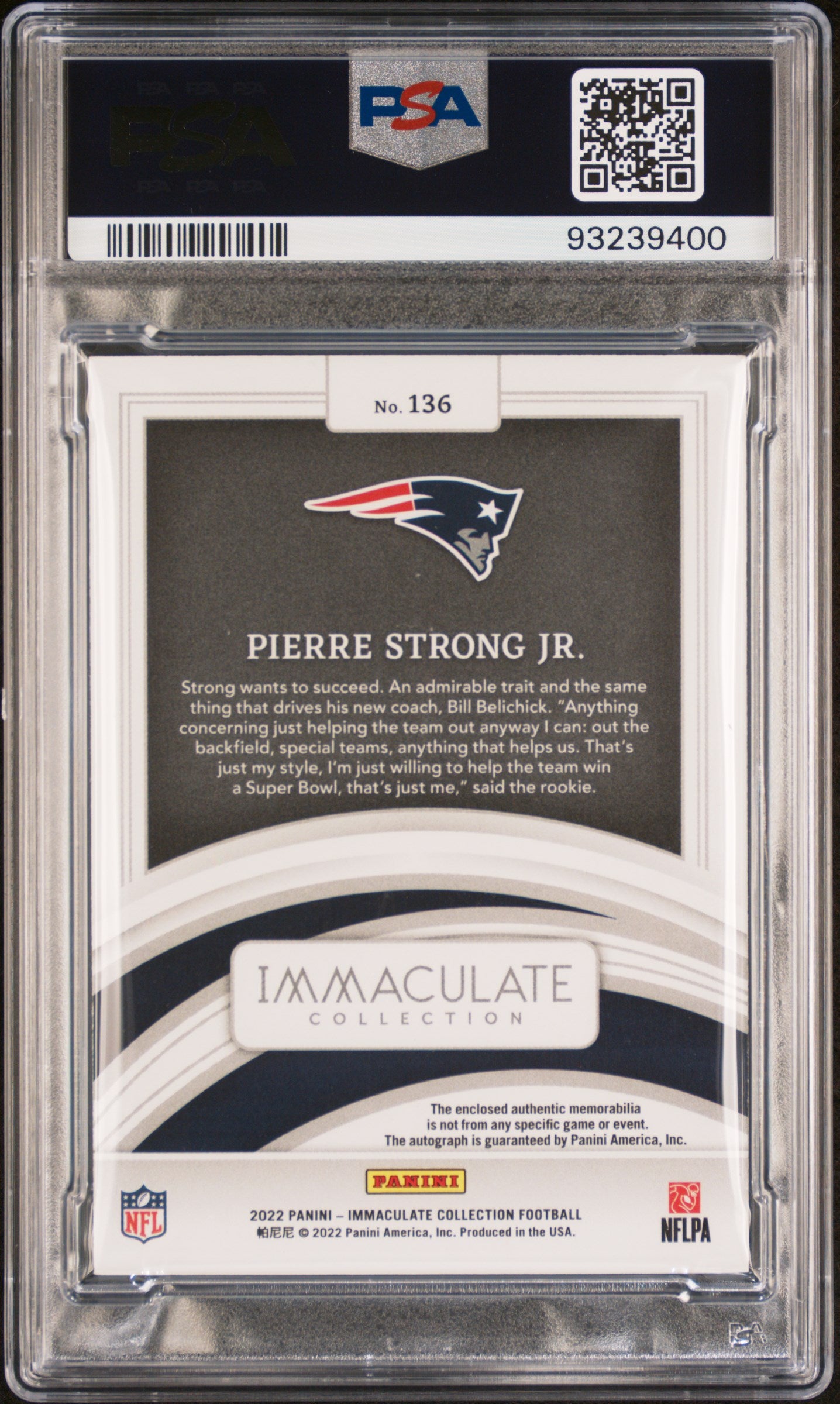 2022 Immaculate Collection Pierre Strong JR. #136 Rookie Patch Auto Shield PSA 9