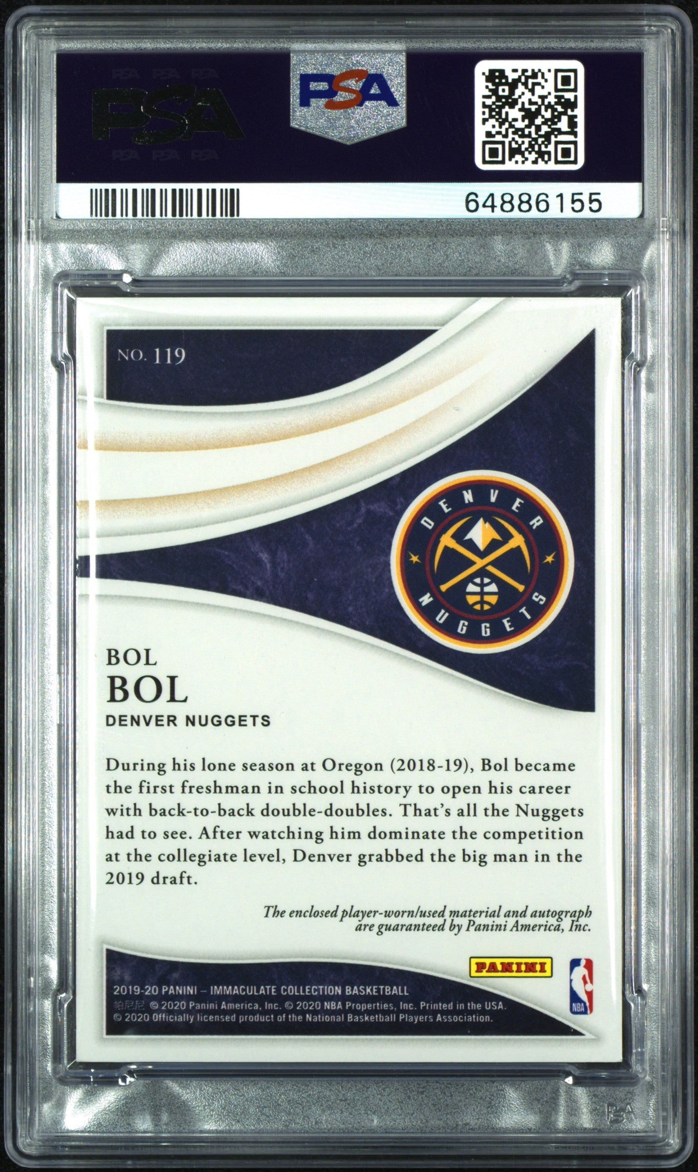 2019 Panini Immaculate Collection Bol Bol #119 Patch Autograph PSA 9 Auto 10