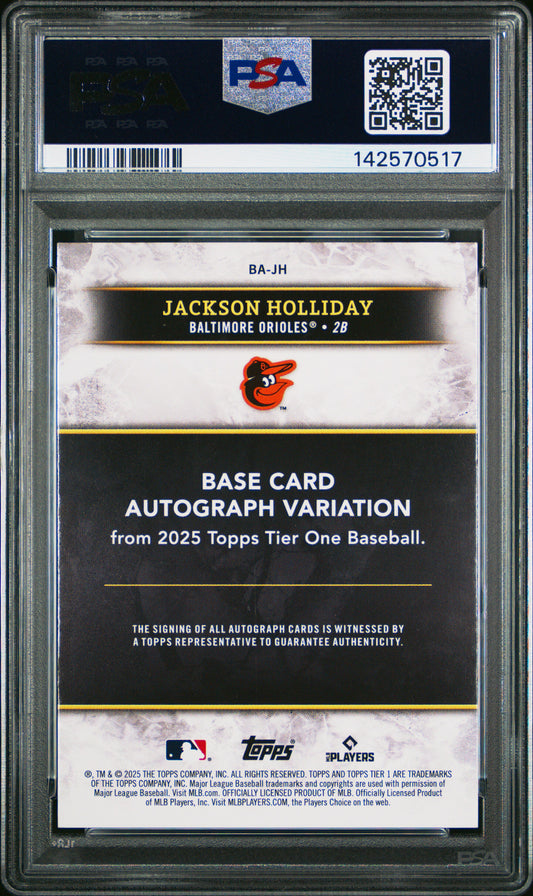 2025 Topps Tier One Auto Jackson Holliday #BA-JH Holo Platinum Blue PSA 6 /1
