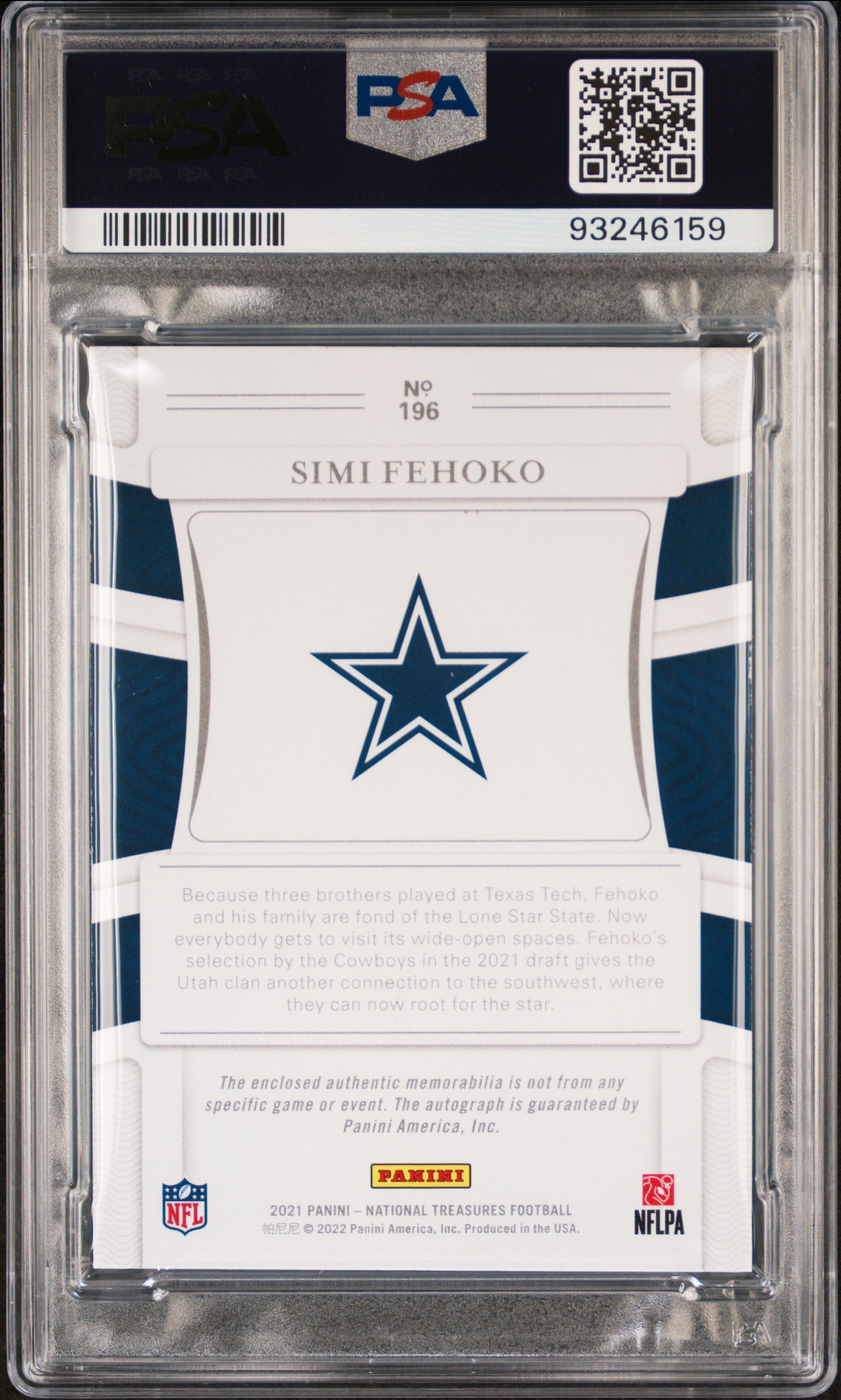 2021 Panini National Treasures Simi Fehoko #196 RPA Stars & Stripes PSA 8