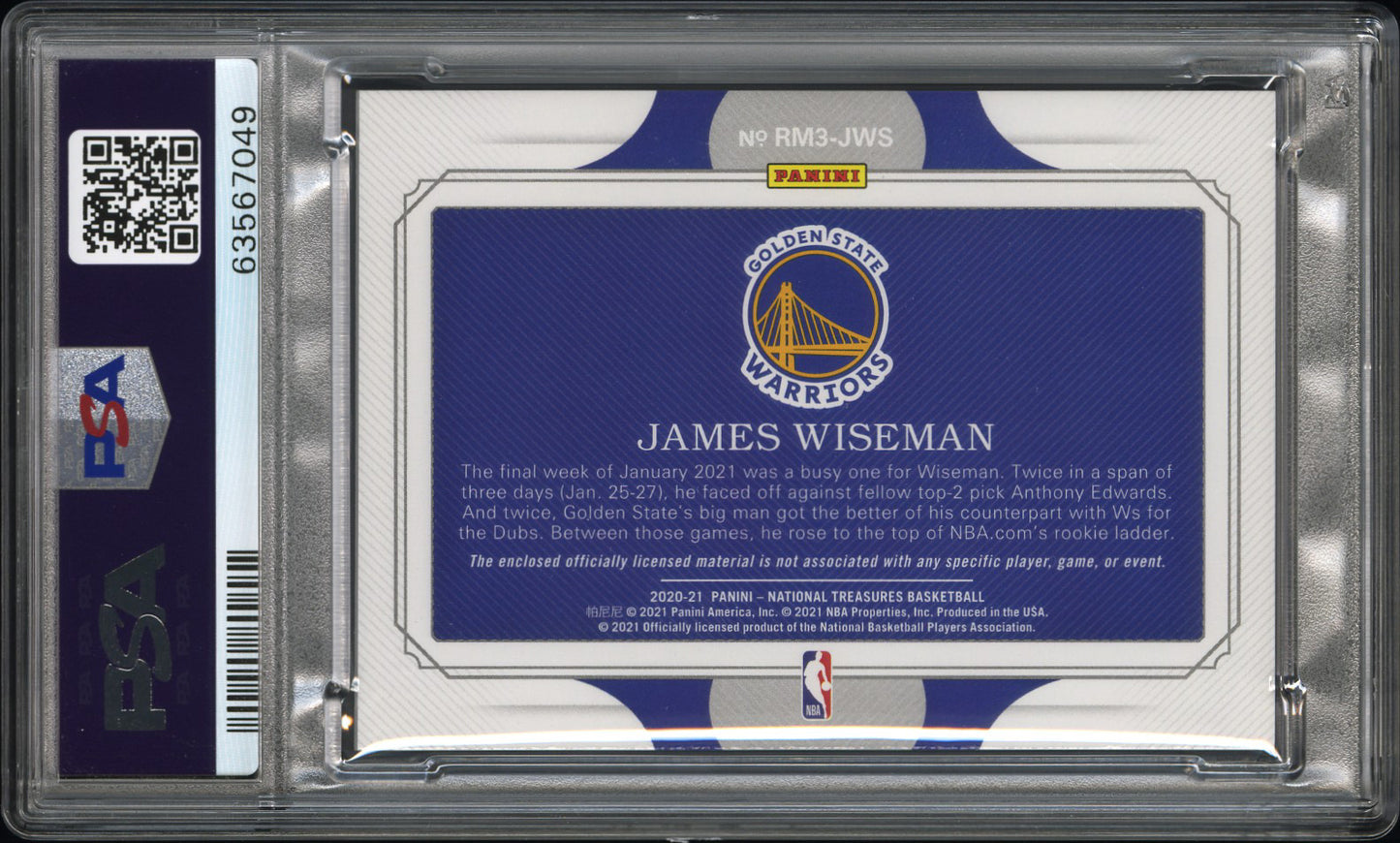 2020 Panini National Treasures James Wiseman #JWS Rookie Triple Mat Prime PSA 10