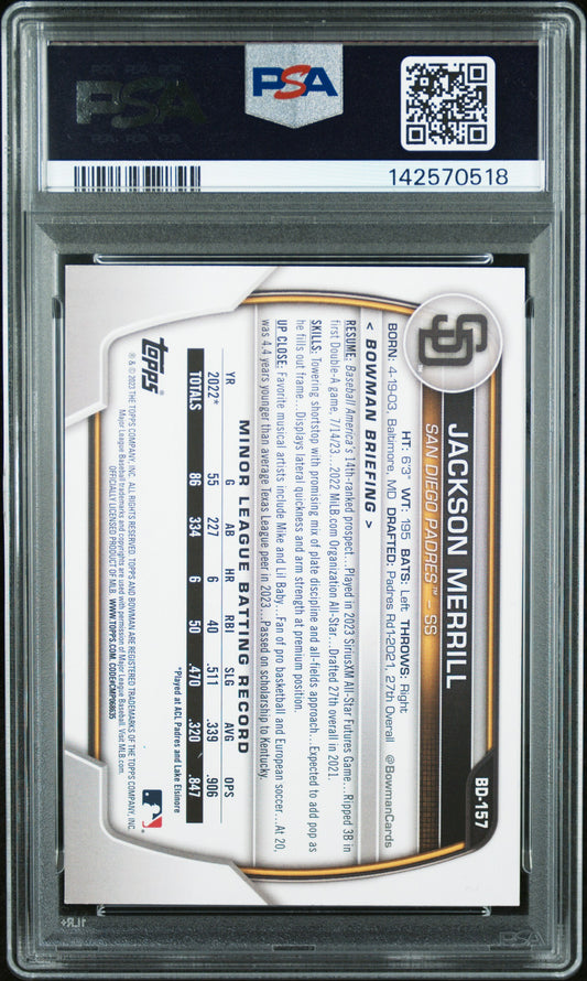 2025 Topps Archives Signature Series Jackson Merrill #BD157 2023 Bowman Draft PSA 8