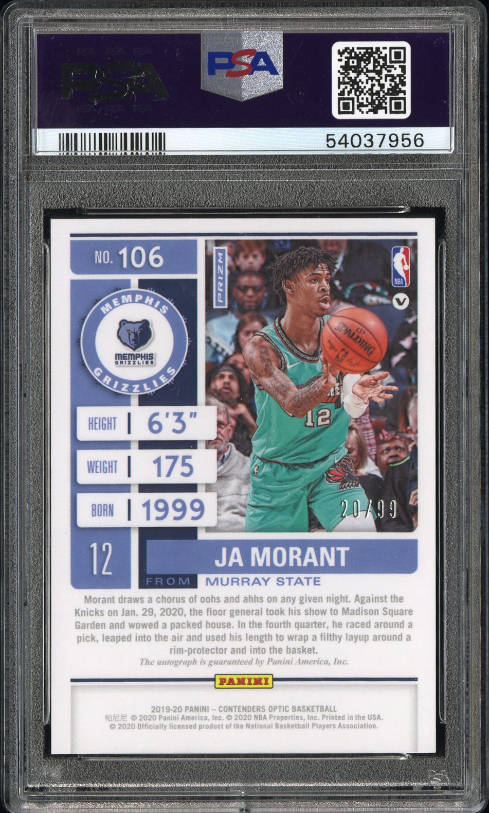 2019 Panini Contenders Optic Ja Morant #106 SP Autograph Blue /99 PSA 9