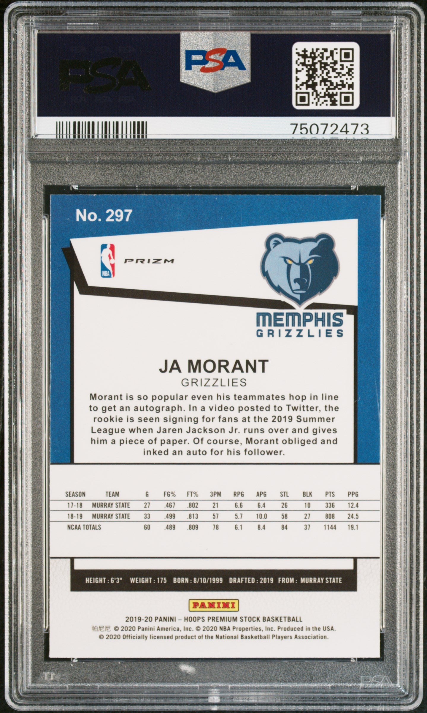 2019 Panini Hoops Premium Stock Ja Morant #297 Purple Disco PSA 8