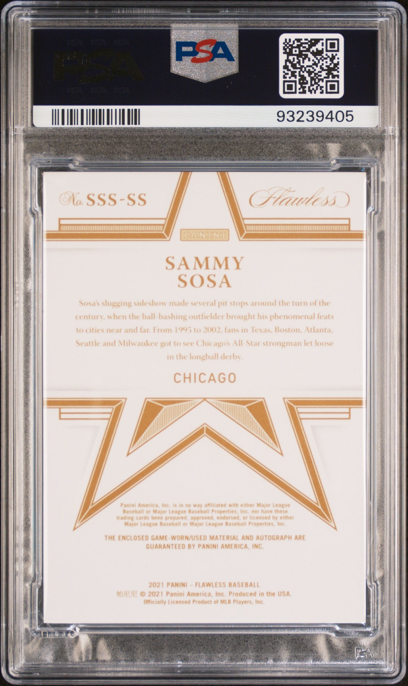 2021 Panini Flawless Sammy Sosa #SSS-SS Star Swatch Signatures Platinum PSA 8