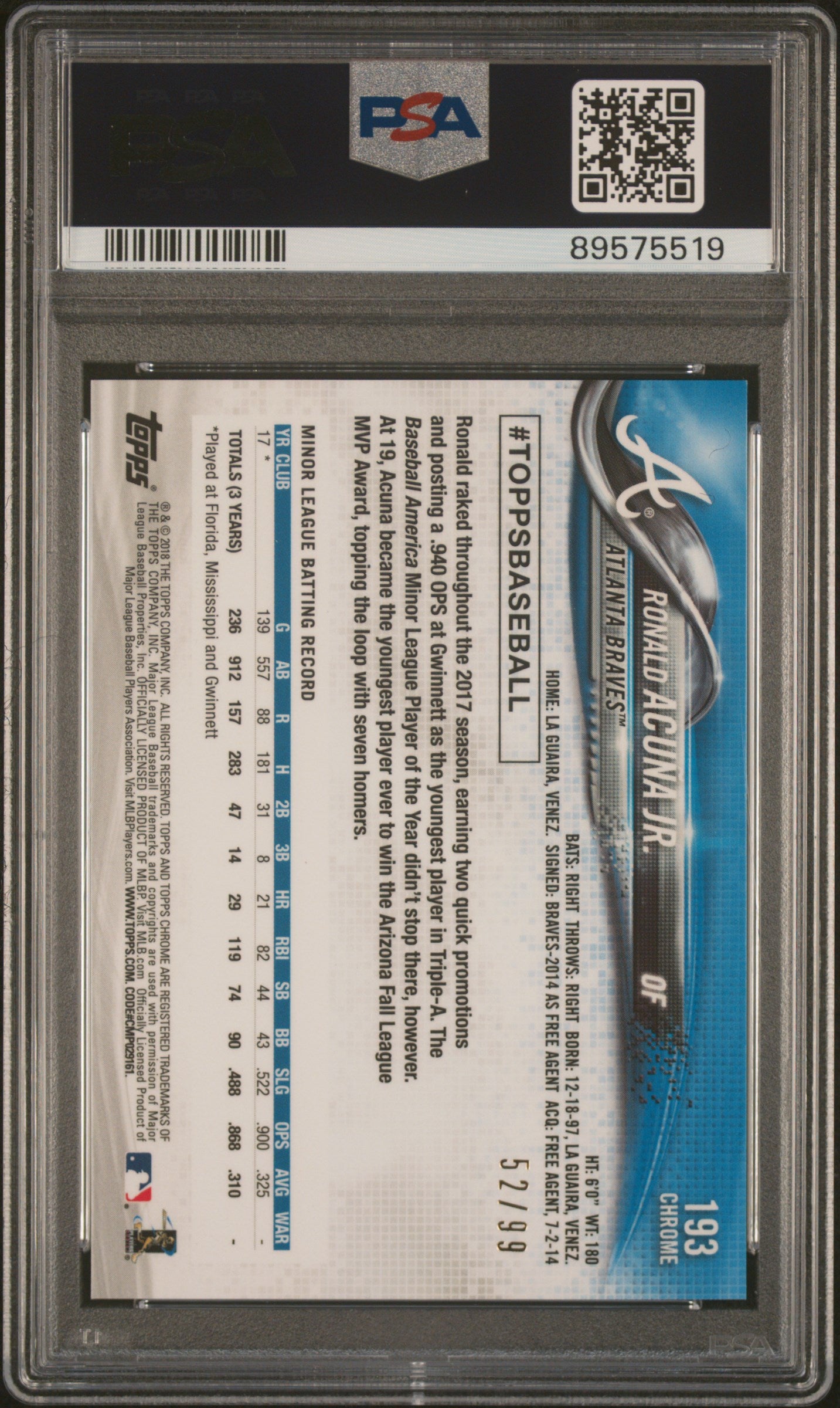 2018 Topps Chrome Ronald Acuna JR. #193 Green Wave Refractor PSA 10 Rookie RC