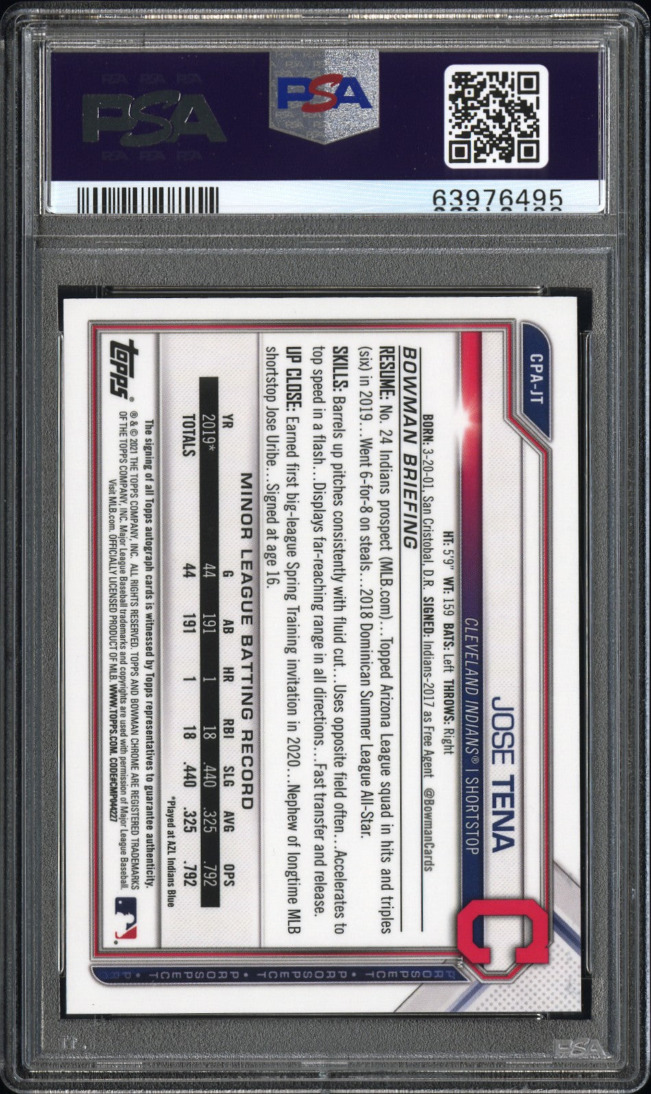 2021 Bowman Chrome Jose Tena #CPAJT Prospect Autographs Orange Refractor PSA 10