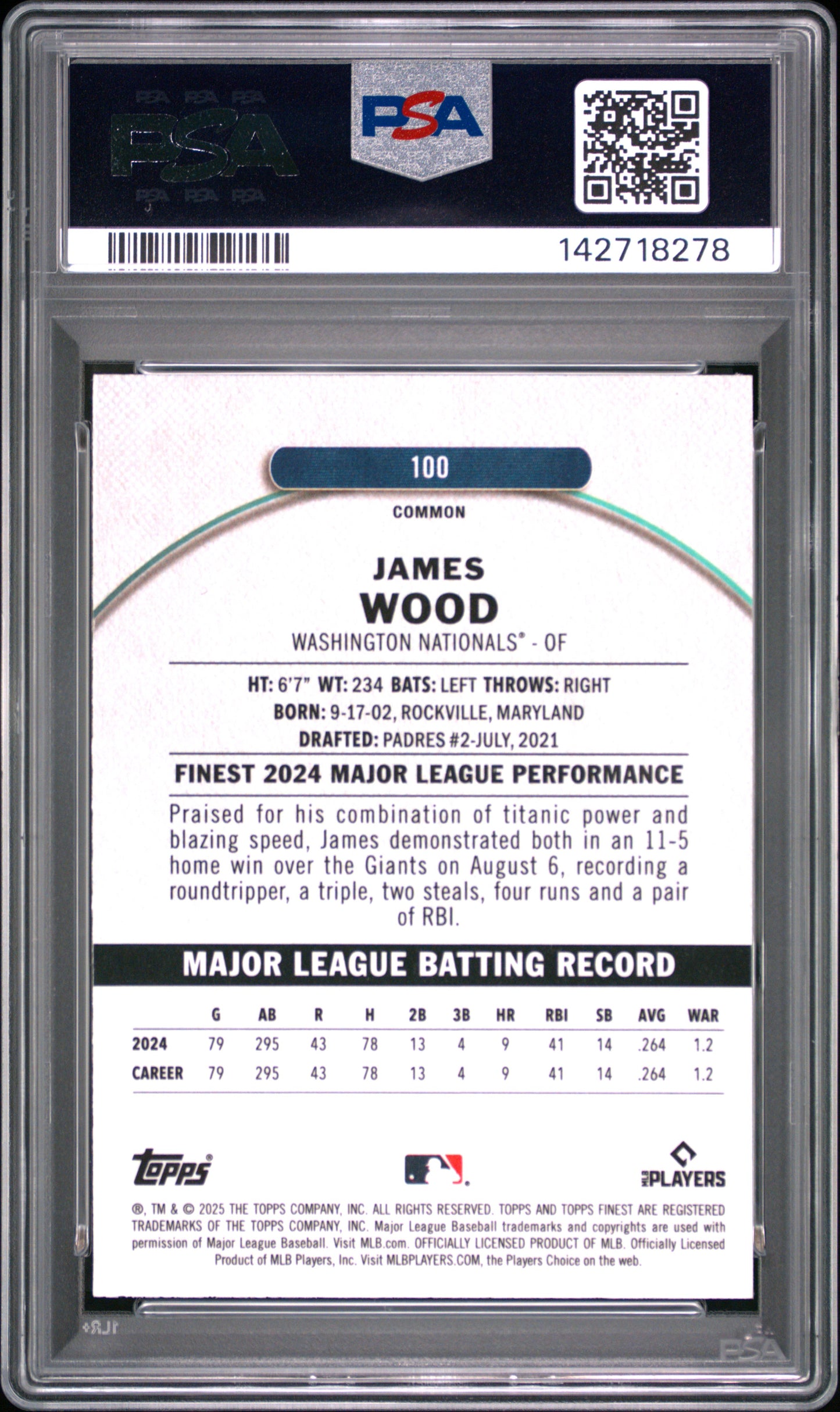 2025 Topps Finest James Wood #100 Magenta Refractor PSA 10
