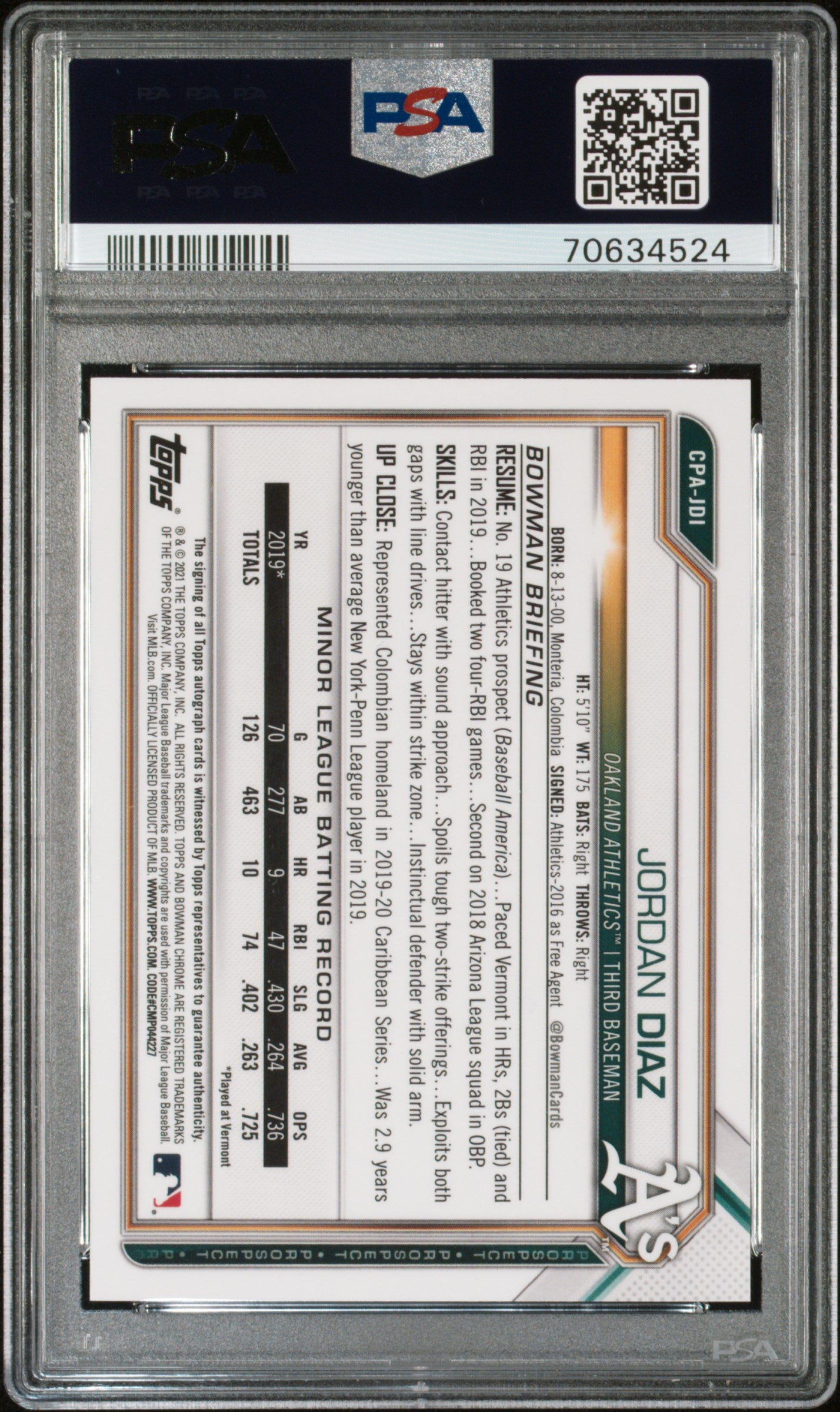 2021 Bowman Chrome Jordan Diaz #CPAJDI Prospect Autographs Red Refractor PSA 9