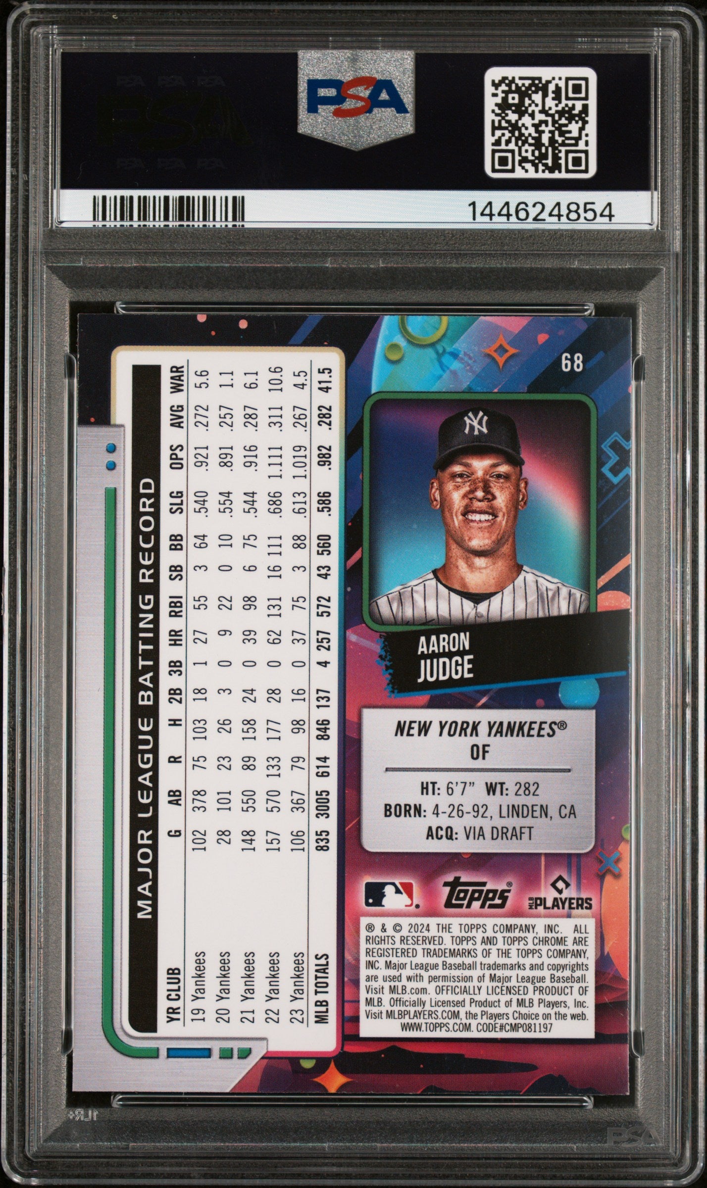 2024 Topps Cosmic Chrome Aaron Judge #68 Aqua Equinox Refractor PSA 9