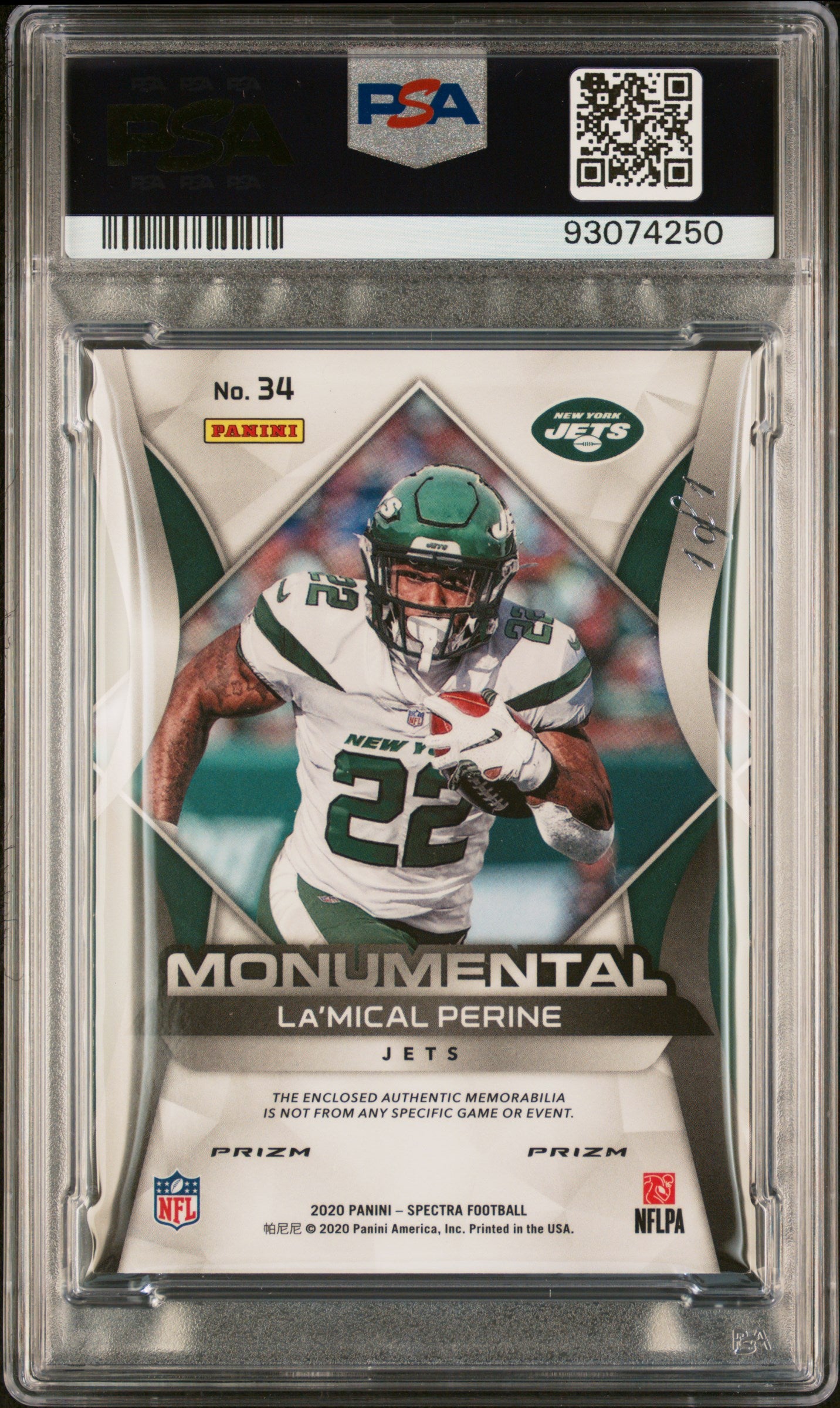 2020 Spectra La'mical Perine #34 Monumental Memorabilia Gold NFL Shield PSA 7