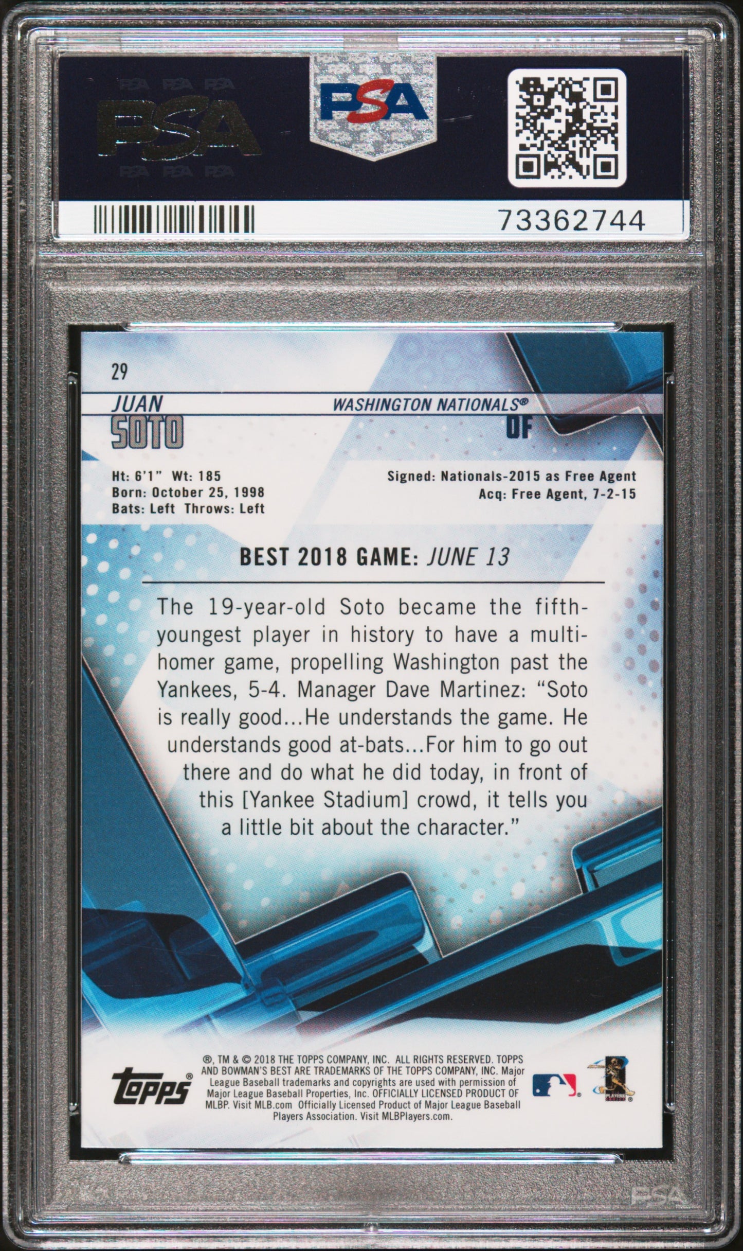 2018 Bowman's Best Juan Soto #29 PSA 10