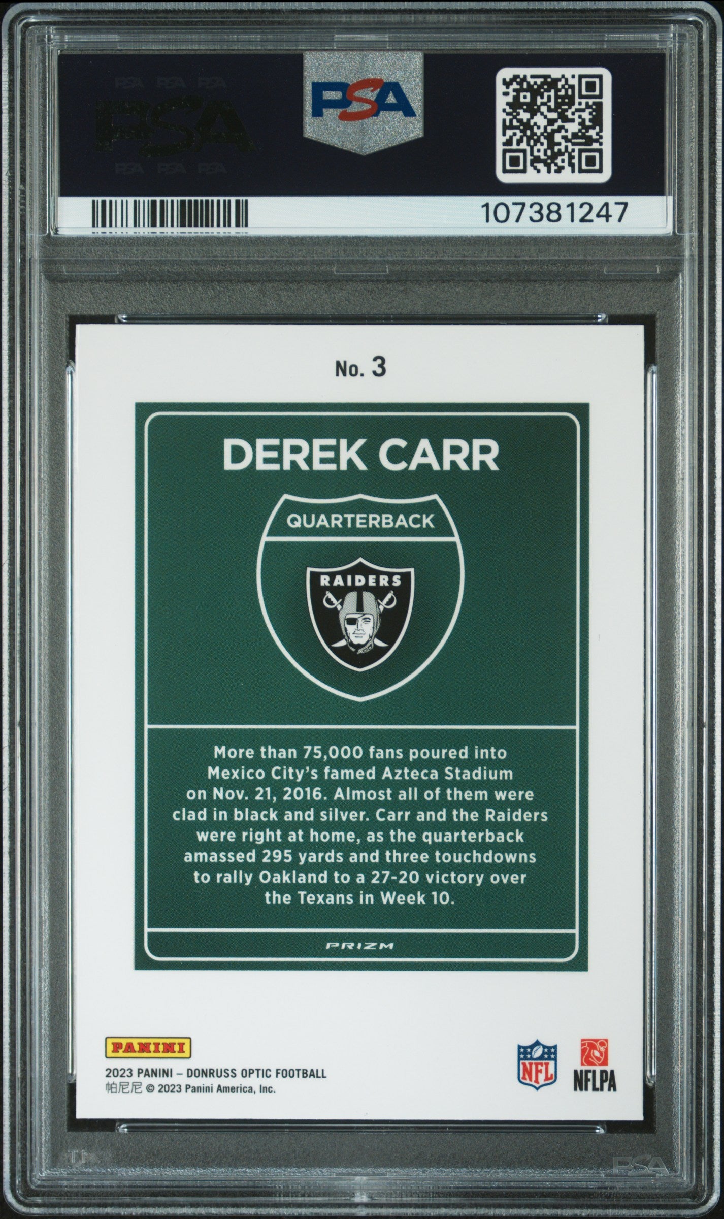 2023 Panini Donruss Optic International Downtown Derek Carr #3 PSA 9