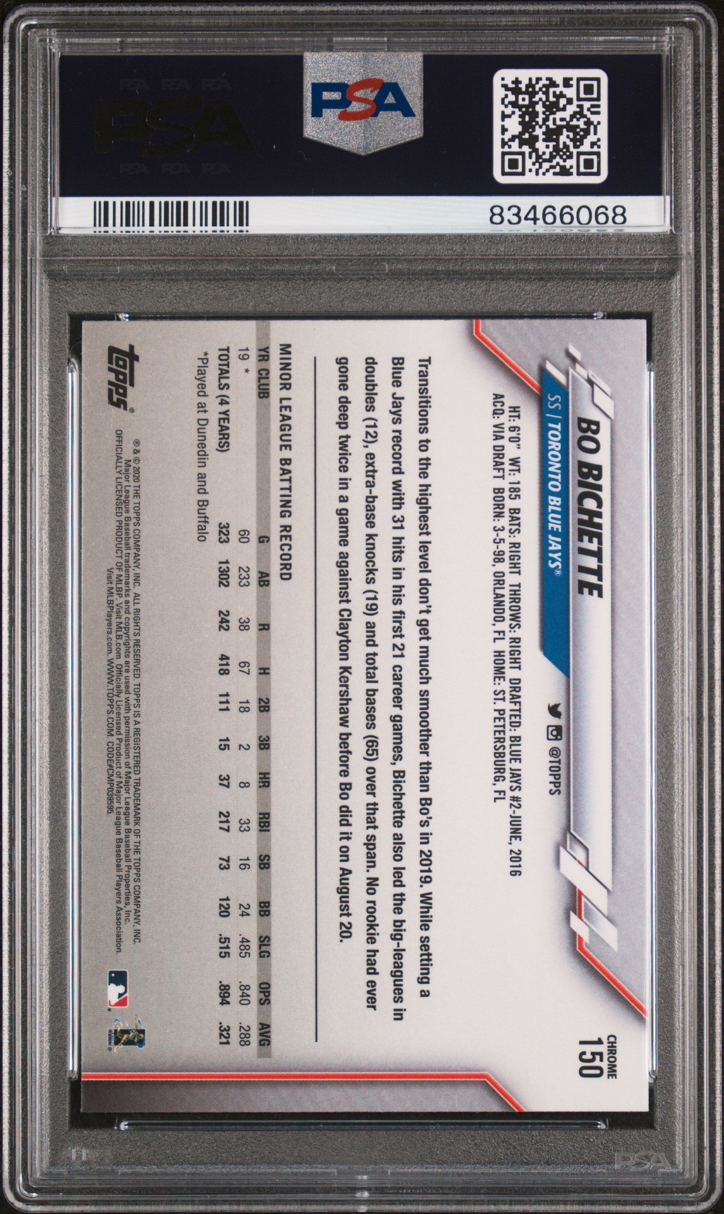 2020 Topps Chrome Bo Bichette #150 Rookie Auto RC PSA 10 Auto A
