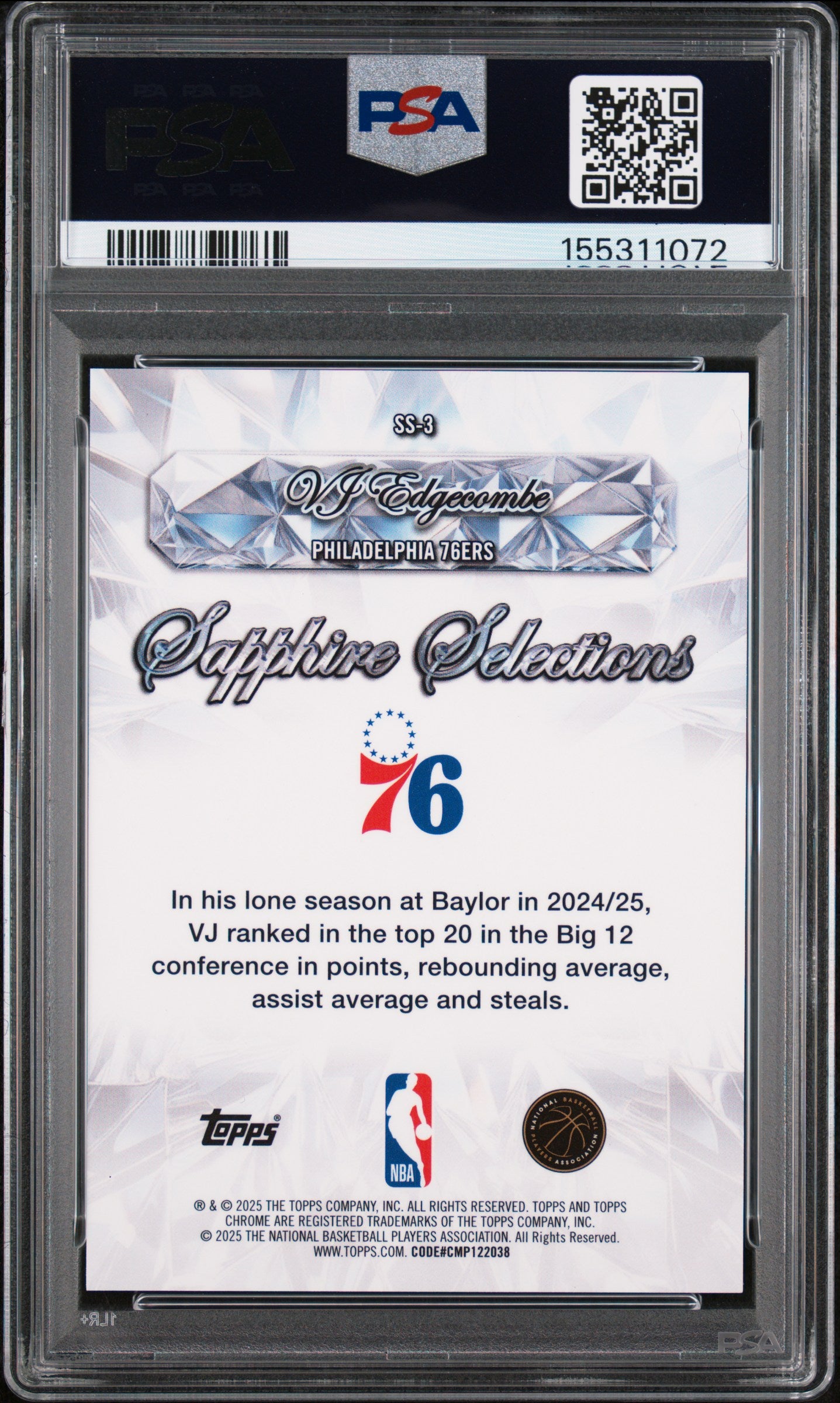 2025 Topps Chrome Sapphire Edition Selections VJ Edgecombe #SS-3 Gold PSA 10