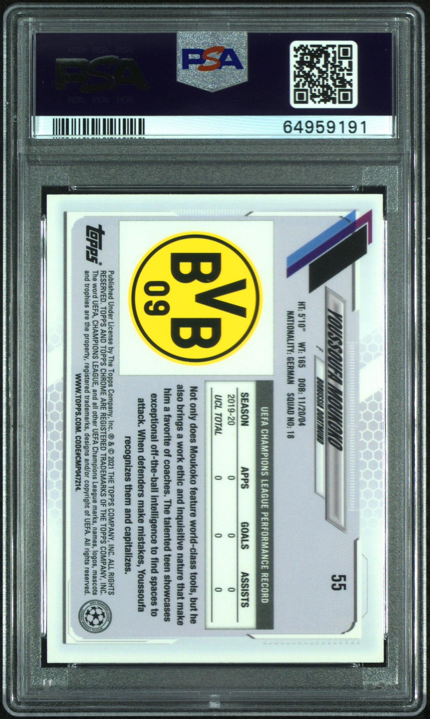 2020 Topps Chrome UEFA Sapphire Edition Youssoufa Moukoko #55 PSA 9