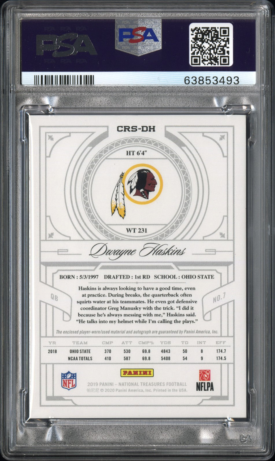 2019 National Treasures Dwayne Haskins Rookie Patch Auto NFL Shield 1/1 PSA 8
