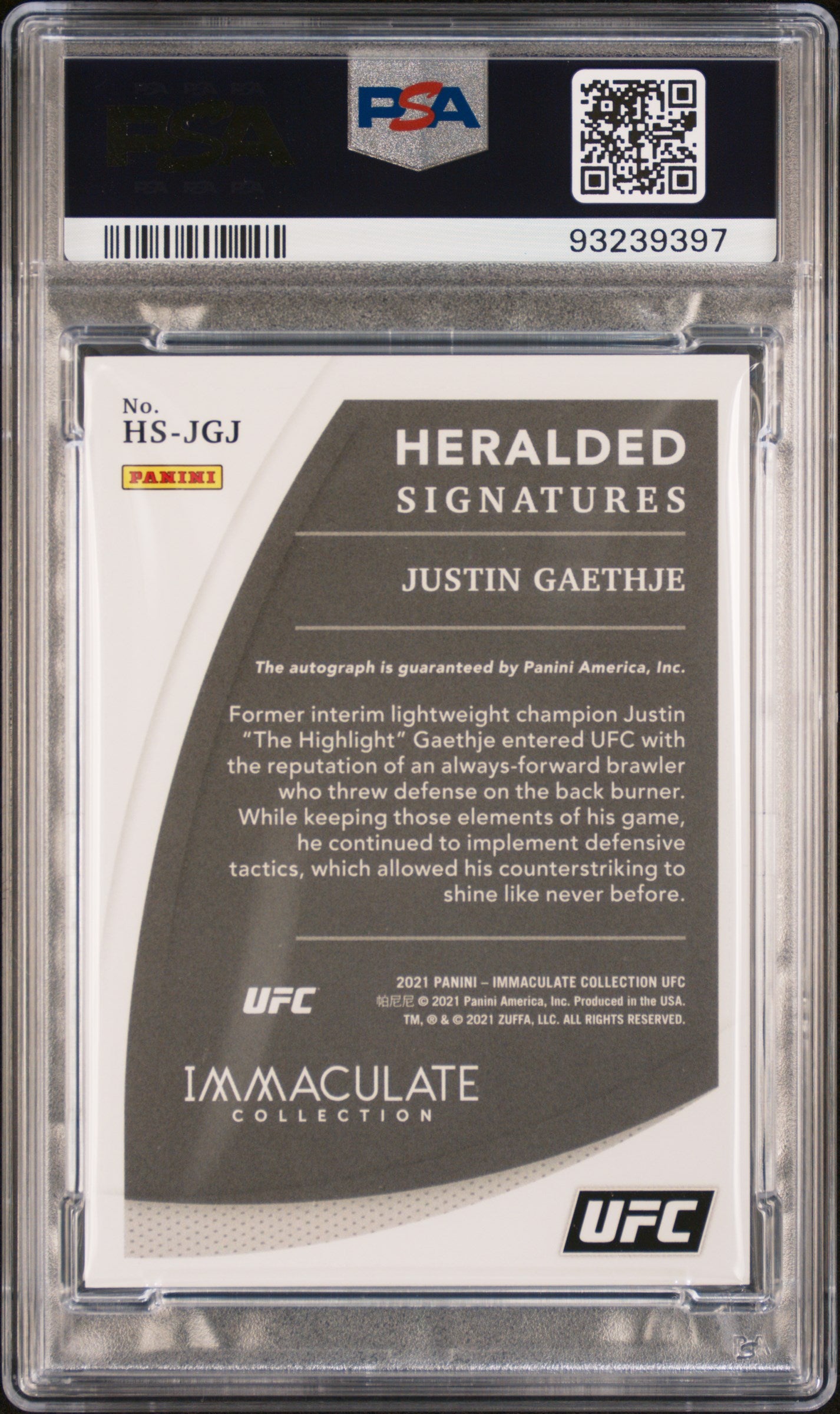 2021 Immaculate Collection UFC Justin Gaethje Heralded Signatures PSA 9 Auto