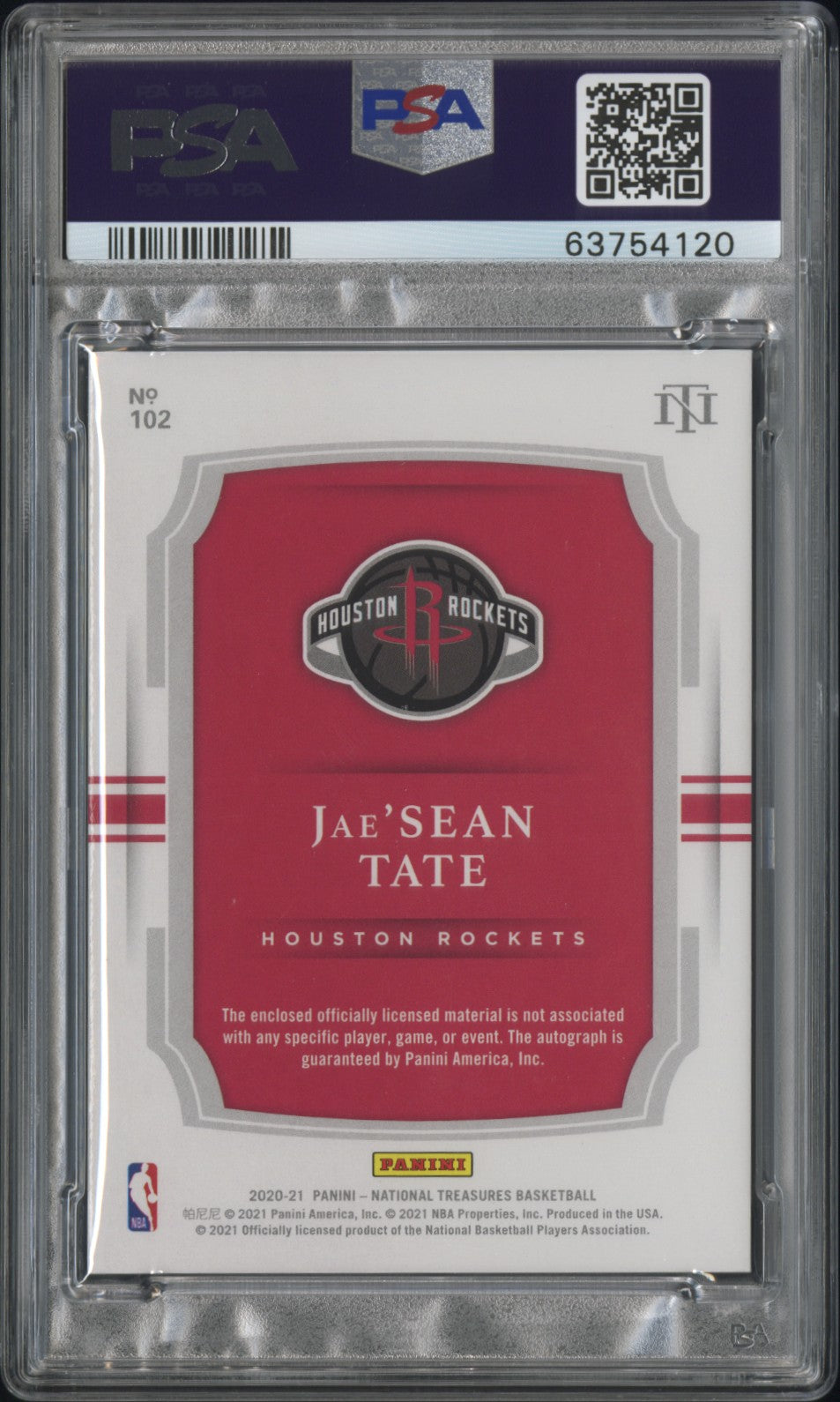 2020 Panini National Treasures Jae’Sean Tate #102 Patch Auto Gold Fotl PSA 9