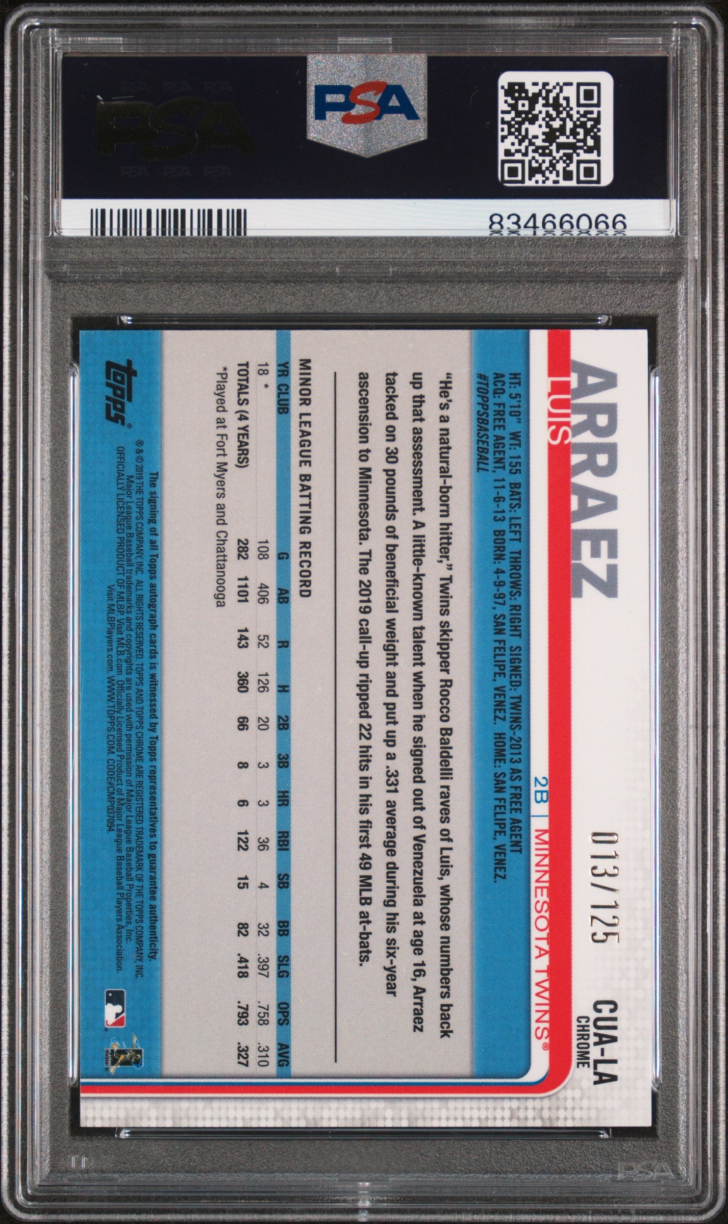 2019 Topps Chrome Update Autographs Luis Arraez #LA X Fractor PSA 10 Auto A