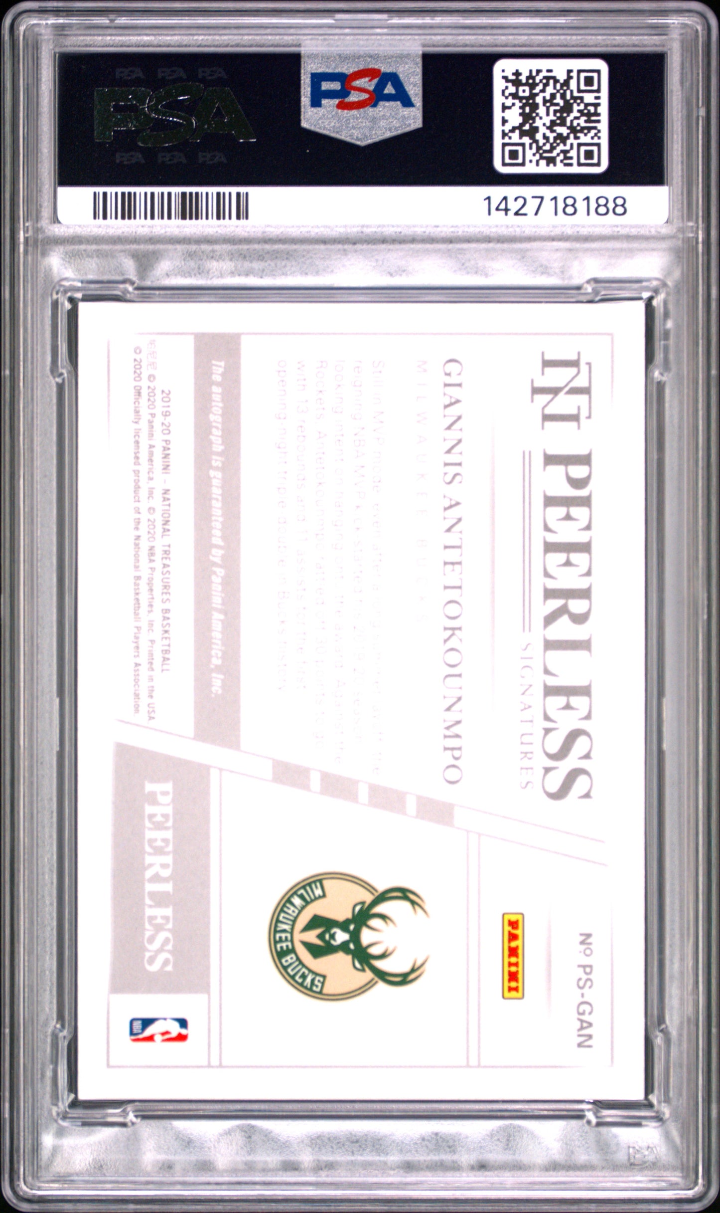 2019 Panini National Treasures Peerless Signatures G. Antetokounmpo #PSGAN PSA 8