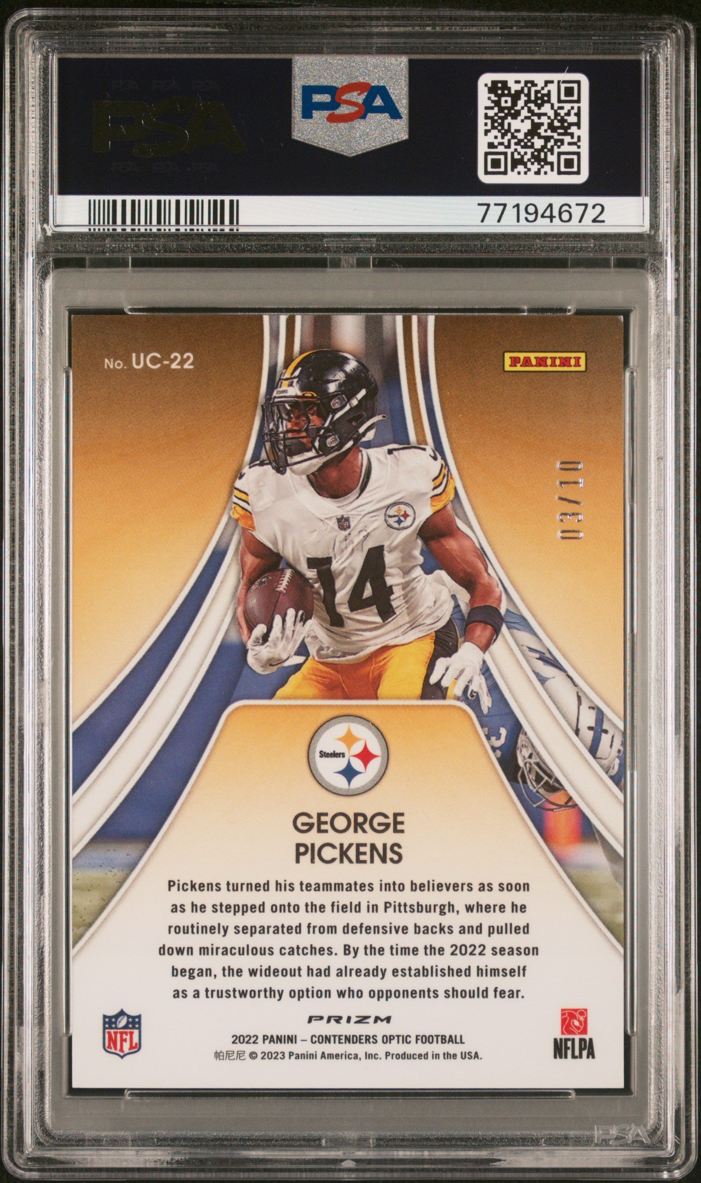 2022 Panini Contenders Optic Up And Coming George Pickens #UC22 Gold RC PSA 9